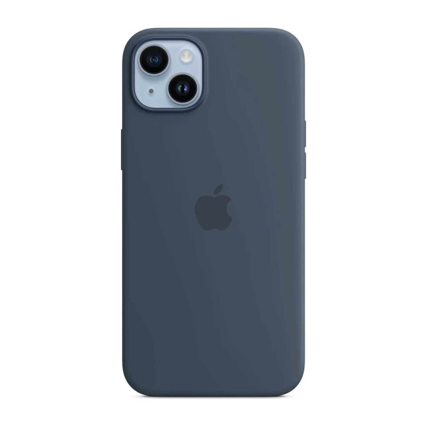 Das Bild zeigt die Apple iPhone Handyhülle MPT53ZM/A aus Silikon. Sie ist kompatibel mit dem iPhone 14 Plus. In der Farbe Sturmblau aus der Frontansicht.