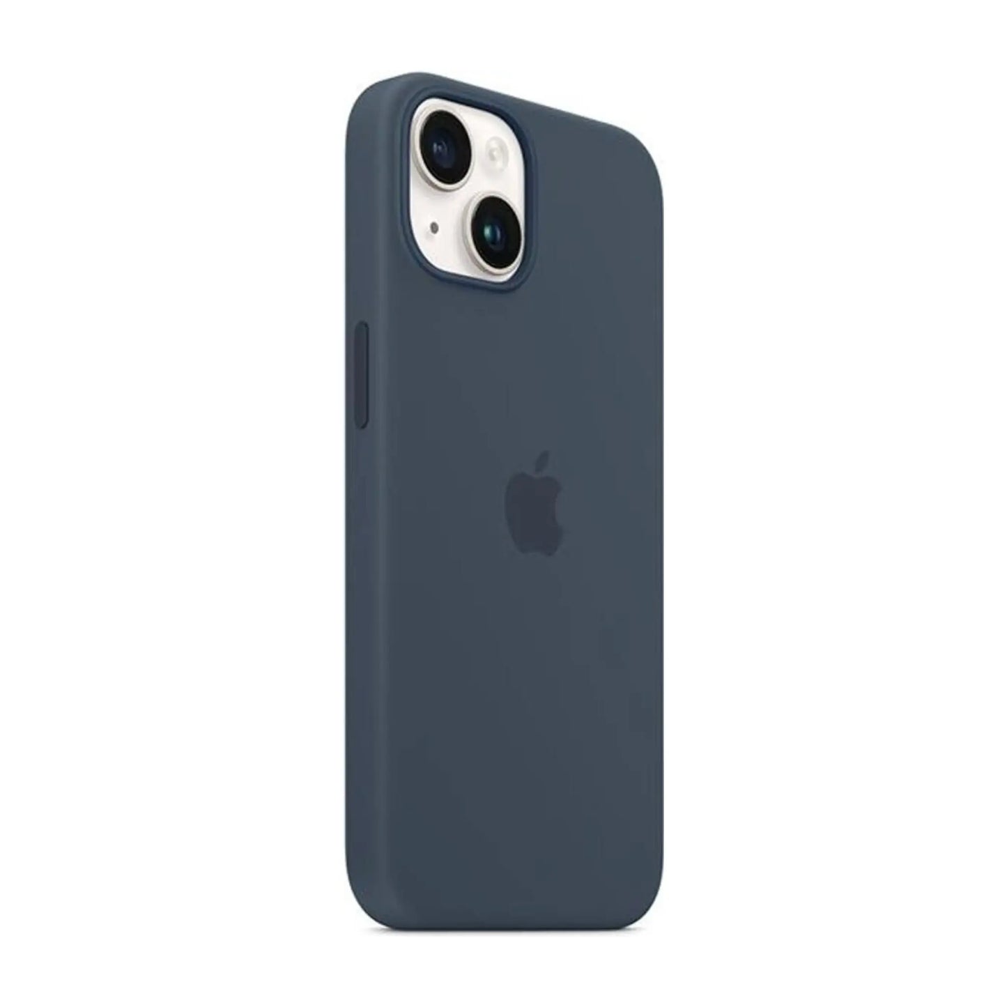 Das Bild zeigt die Apple iPhone Handyhülle MPT53ZM/A aus Silikon. Sie ist kompatibel mit dem iPhone 14 Plus. In der Farbe Sturmblau aus der Schrägansicht.