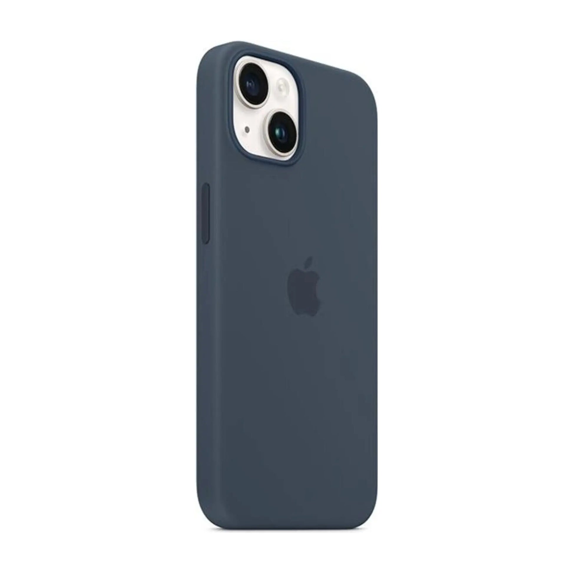 Das Bild zeigt die Apple iPhone Handyhülle MPT53ZM/A aus Silikon. Sie ist kompatibel mit dem iPhone 14 Plus. In der Farbe Sturmblau aus der Schrägansicht.