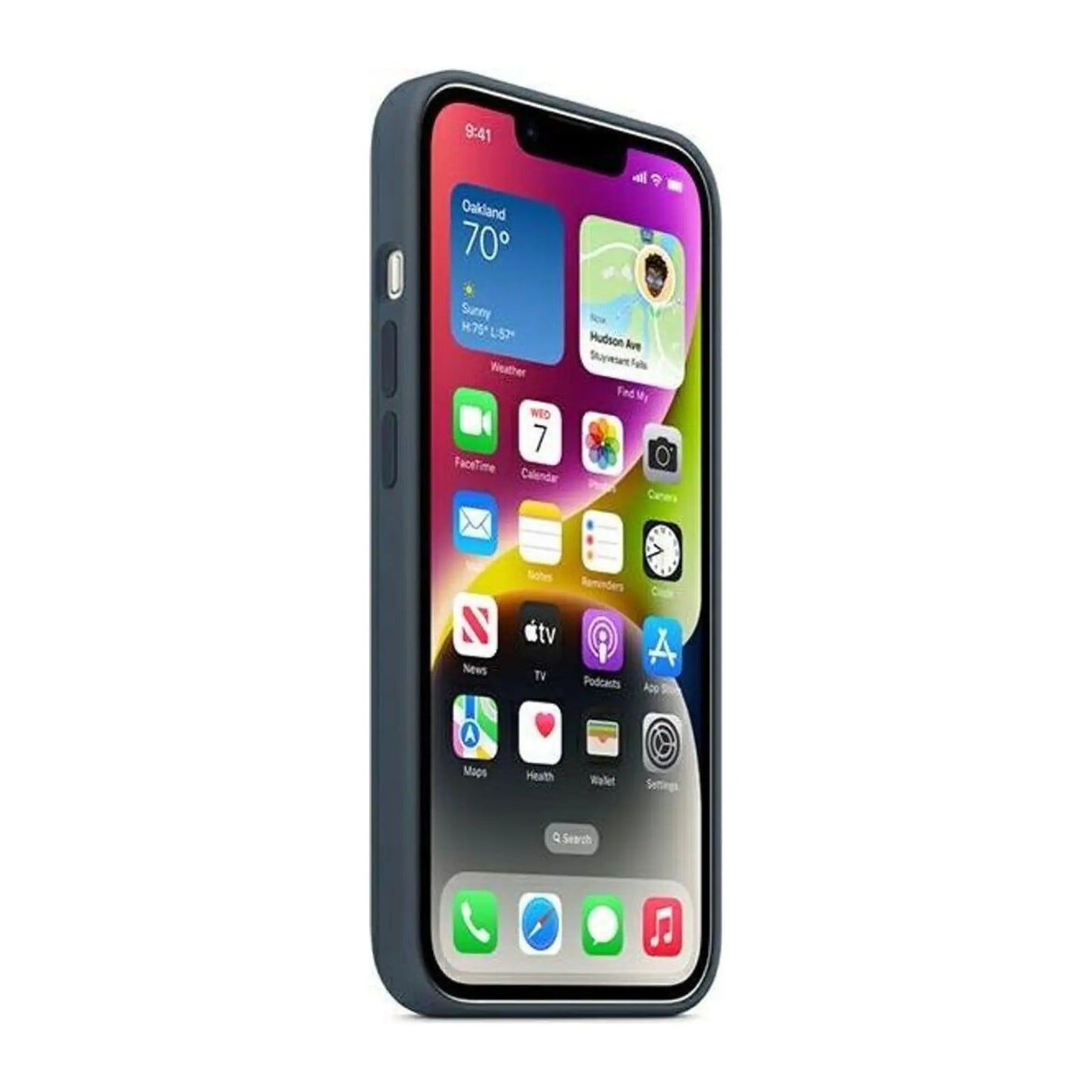 Das Bild zeigt die Apple iPhone Handyhülle MPT53ZM/A aus Silikon. Sie ist kompatibel mit dem iPhone 14 Plus. In der Farbe Sturmblau aus der Seitenansicht.