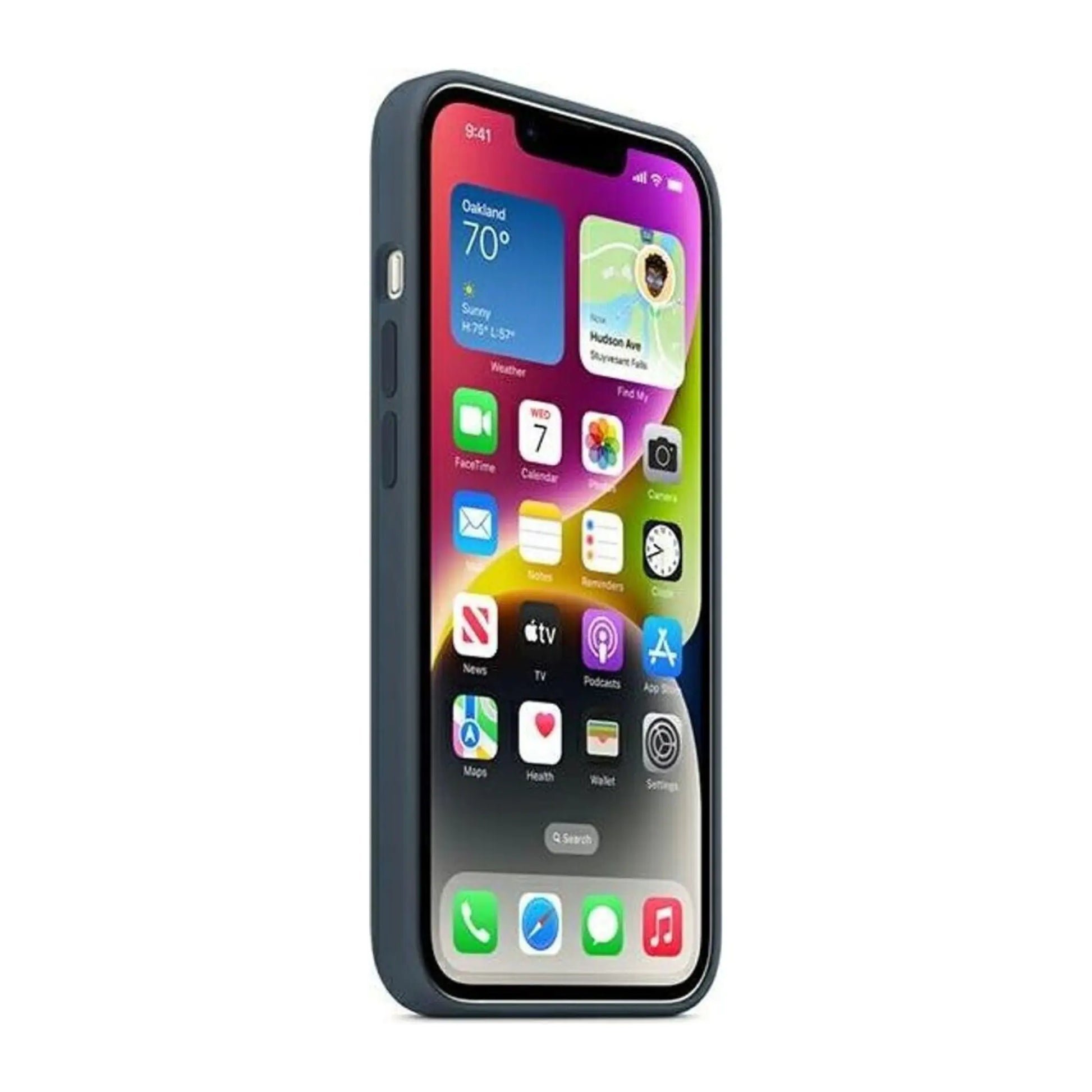Das Bild zeigt die Apple iPhone Handyhülle MPT53ZM/A aus Silikon. Sie ist kompatibel mit dem iPhone 14 Plus. In der Farbe Sturmblau aus der Seitenansicht.