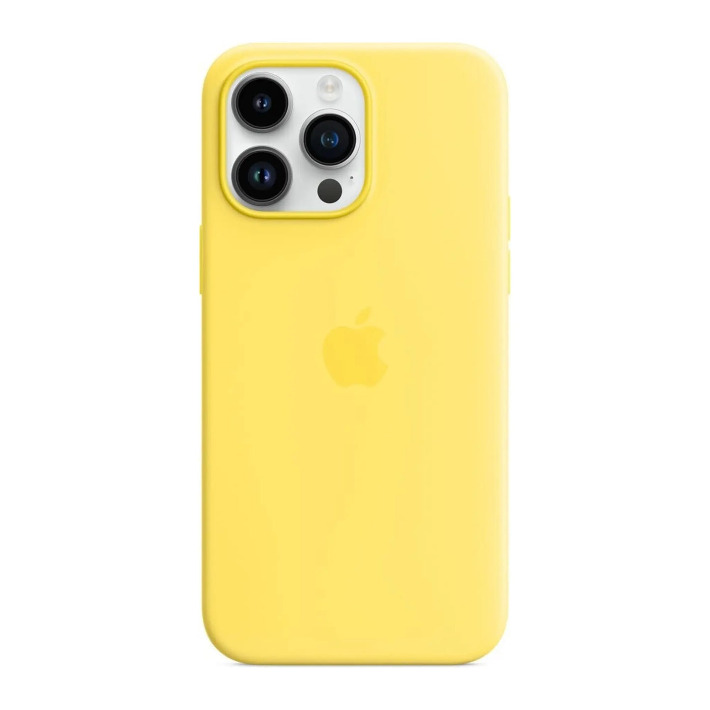 Das Bild zeigt die Apple iPhone Handyhülle MQUL3ZM/A aus Silikon. Sie ist kompatibel mit dem iPhone 14 Pro Max. In der Farbe Kanariengelb aus der Frontansicht.