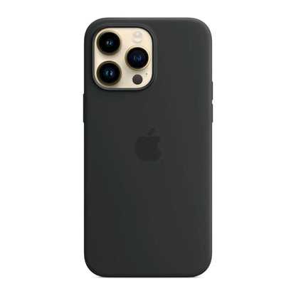 Das Bild zeigt die Apple iPhone Handyhülle MPTP3ZM/A aus Silikon. Sie ist kompatibel mit dem iPhone 14 Pro Max. In der Farbe Mitternacht aus der Frontansicht.