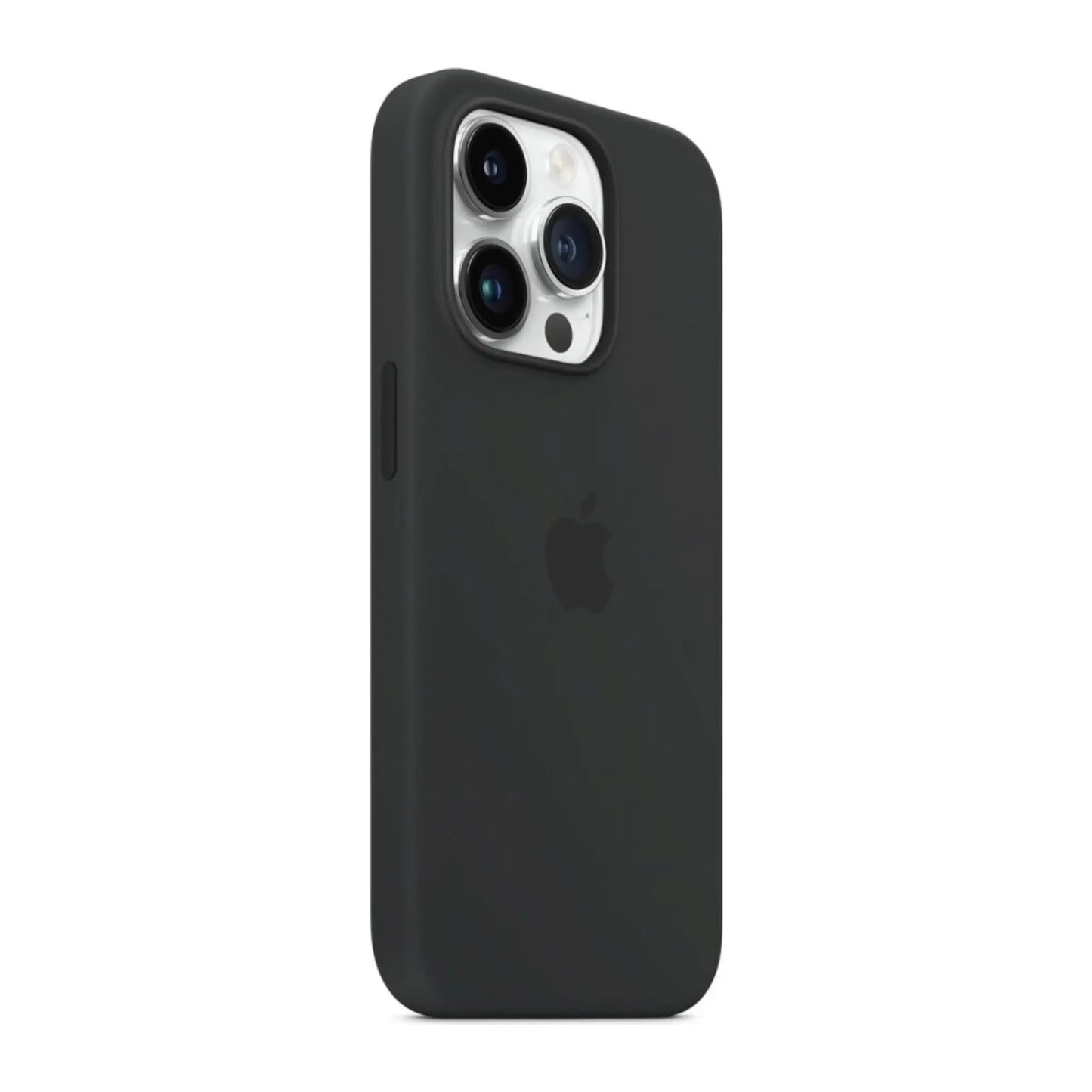 Das Bild zeigt die Apple iPhone Handyhülle MPTP3ZM/A aus Silikon. Sie ist kompatibel mit dem iPhone 14 Pro Max. In der Farbe Mitternacht aus der Schrägansicht.