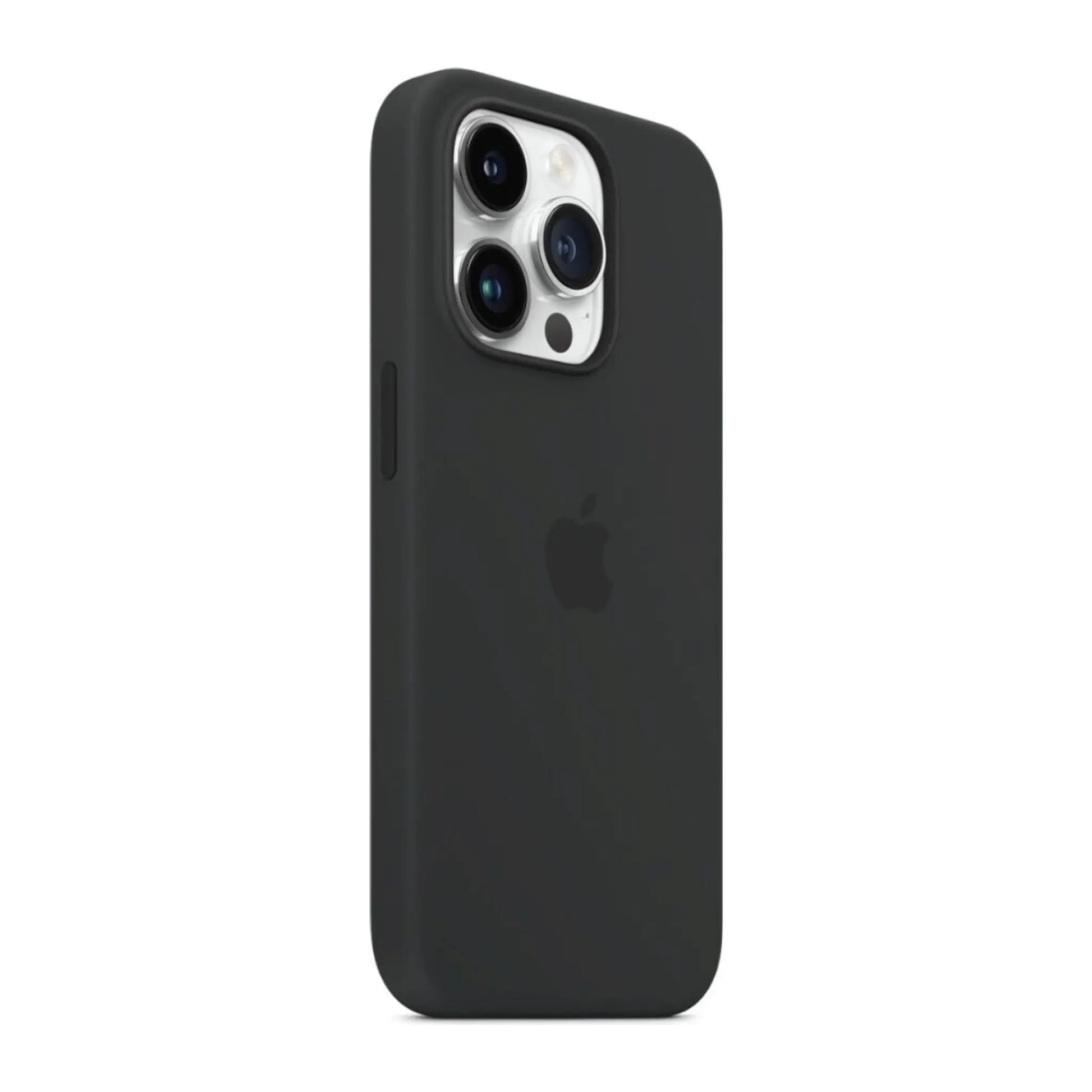 Das Bild zeigt die Apple iPhone Handyhülle MPTP3ZM/A aus Silikon. Sie ist kompatibel mit dem iPhone 14 Pro Max. In der Farbe Mitternacht aus der Schrägansicht.