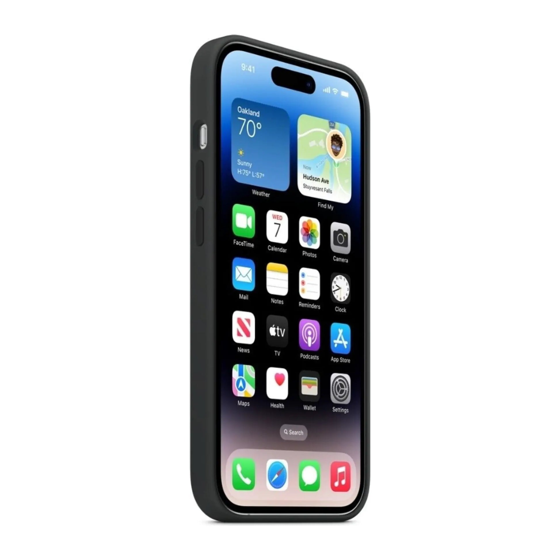 Das Bild zeigt die Apple iPhone Handyhülle MPTP3ZM/A aus Silikon. Sie ist kompatibel mit dem iPhone 14 Pro Max. In der Farbe Mitternacht aus der Seitenansicht.