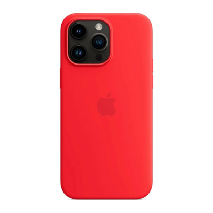 Das Bild zeigt die Apple iPhone Handyhülle MPTR3ZM/A aus Silikon. Sie ist kompatibel mit dem iPhone 14 Pro Max. In der Farbe Rot aus der Frontansicht.