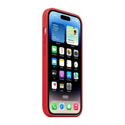 Das Bild zeigt die Apple iPhone Handyhülle MPTR3ZM/A aus Silikon. Sie ist kompatibel mit dem iPhone 14 Pro Max. In der Farbe Rot aus der Seitenansicht.