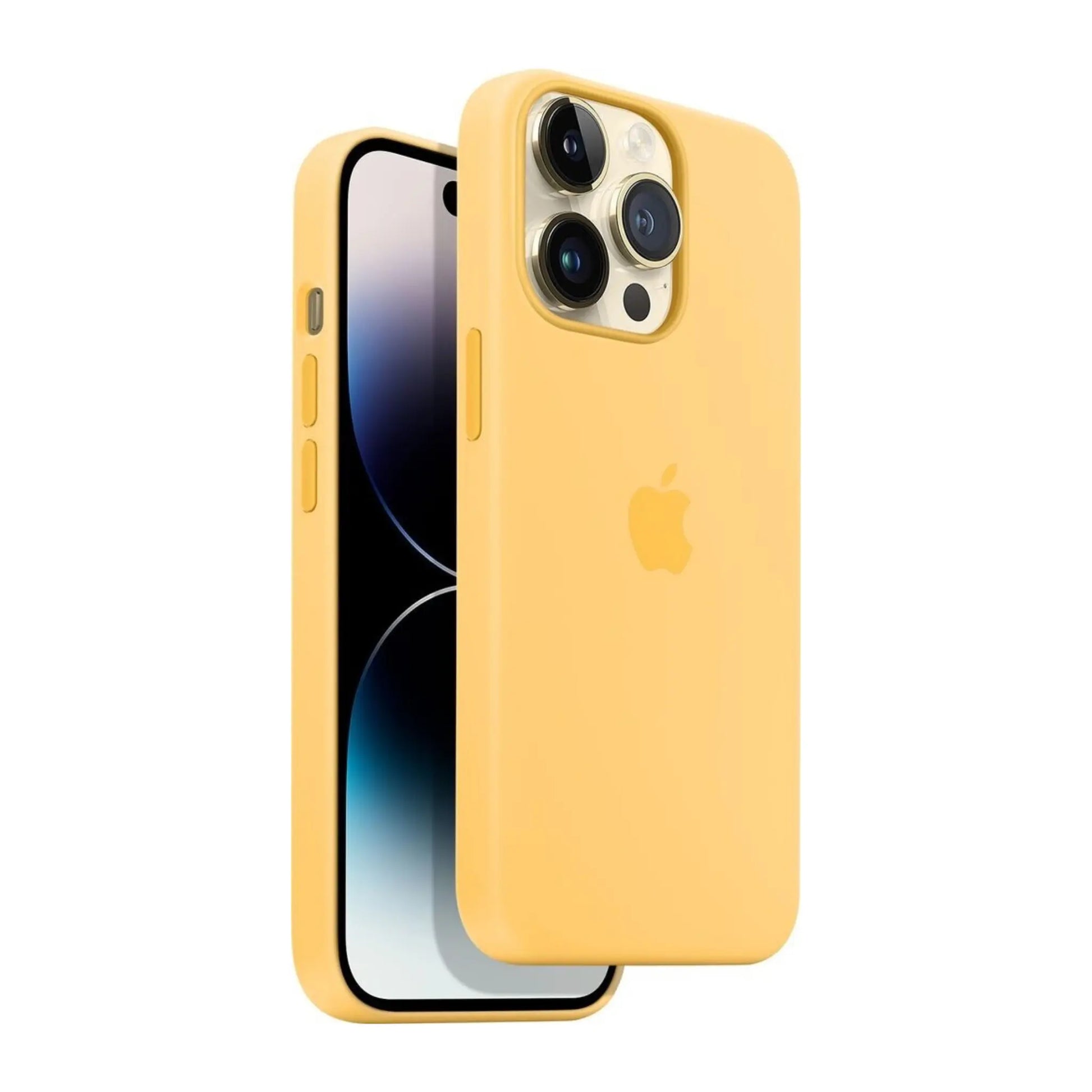 Das Bild zeigt die Apple iPhone Handyhülle MPU03ZM/A aus Silikon. Sie ist kompatibel mit dem iPhone 14 Pro Max. In der Farbe Sonnenlicht aus der Schrägansicht.
