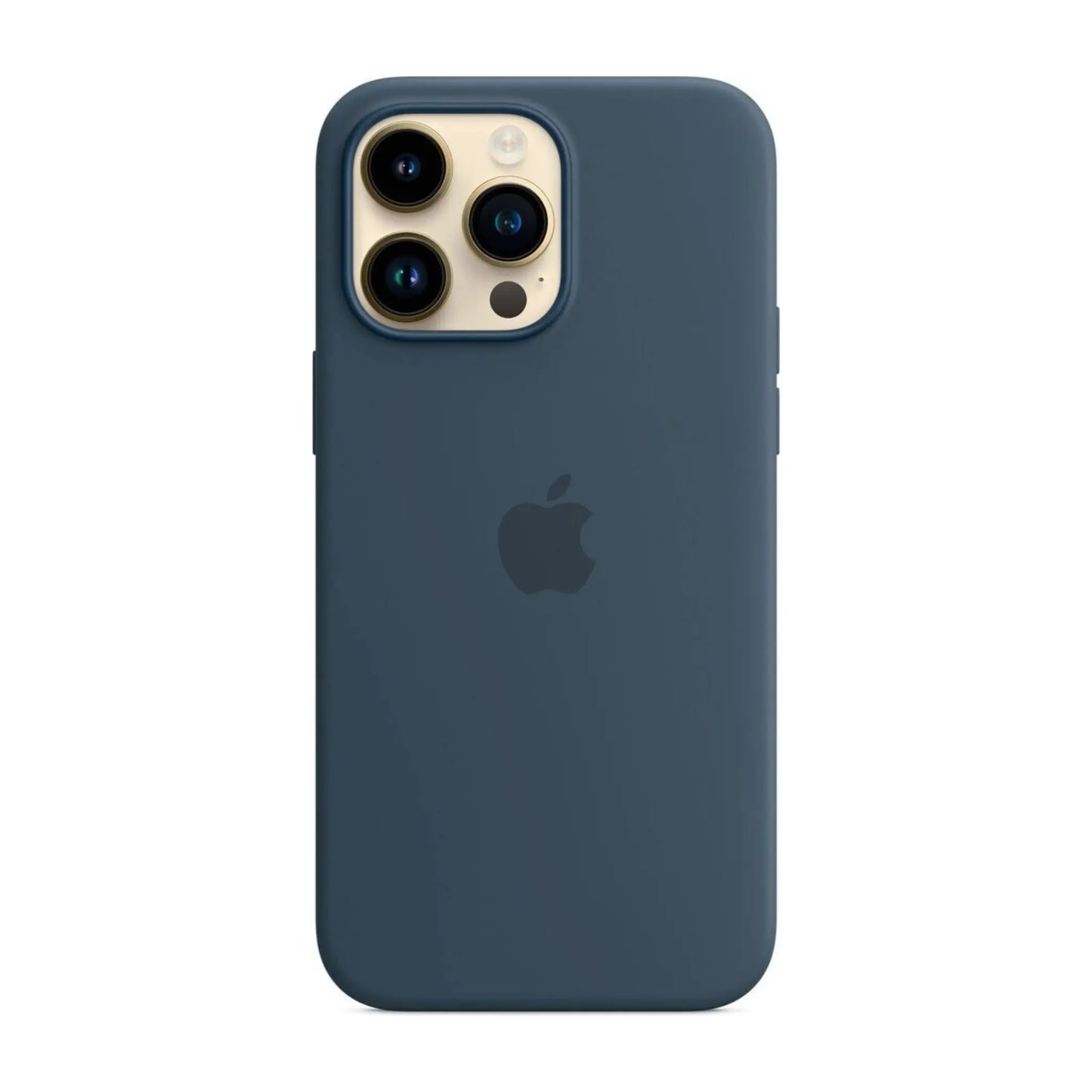 Das Bild zeigt die Apple iPhone Handyhülle MPTQ3ZM/A aus Silikon. Sie ist kompatibel mit dem iPhone 14 Pro Max. In der Farbe Sturmblau aus der Frontansicht.
