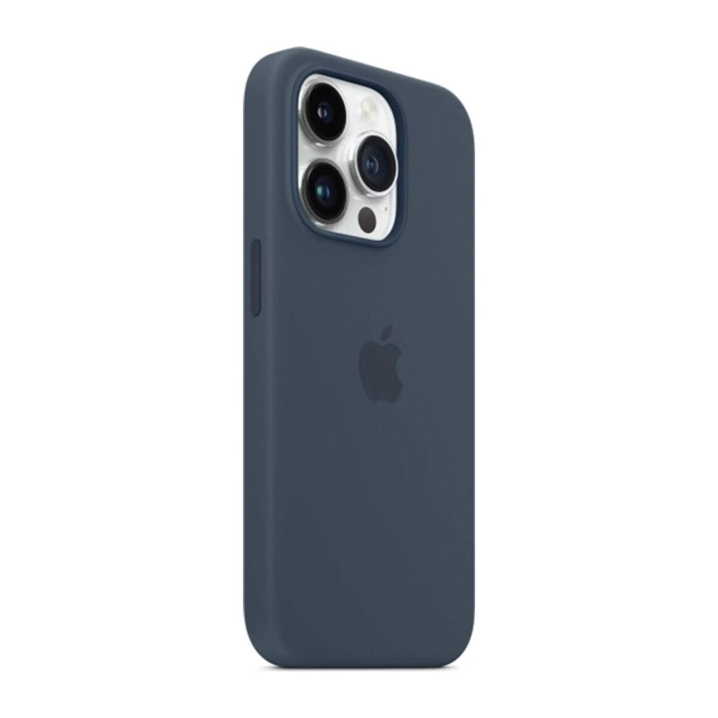 Das Bild zeigt die Apple iPhone Handyhülle MPTQ3ZM/A aus Silikon. Sie ist kompatibel mit dem iPhone 14 Pro Max. In der Farbe Sturmblau aus der Schrägansicht.