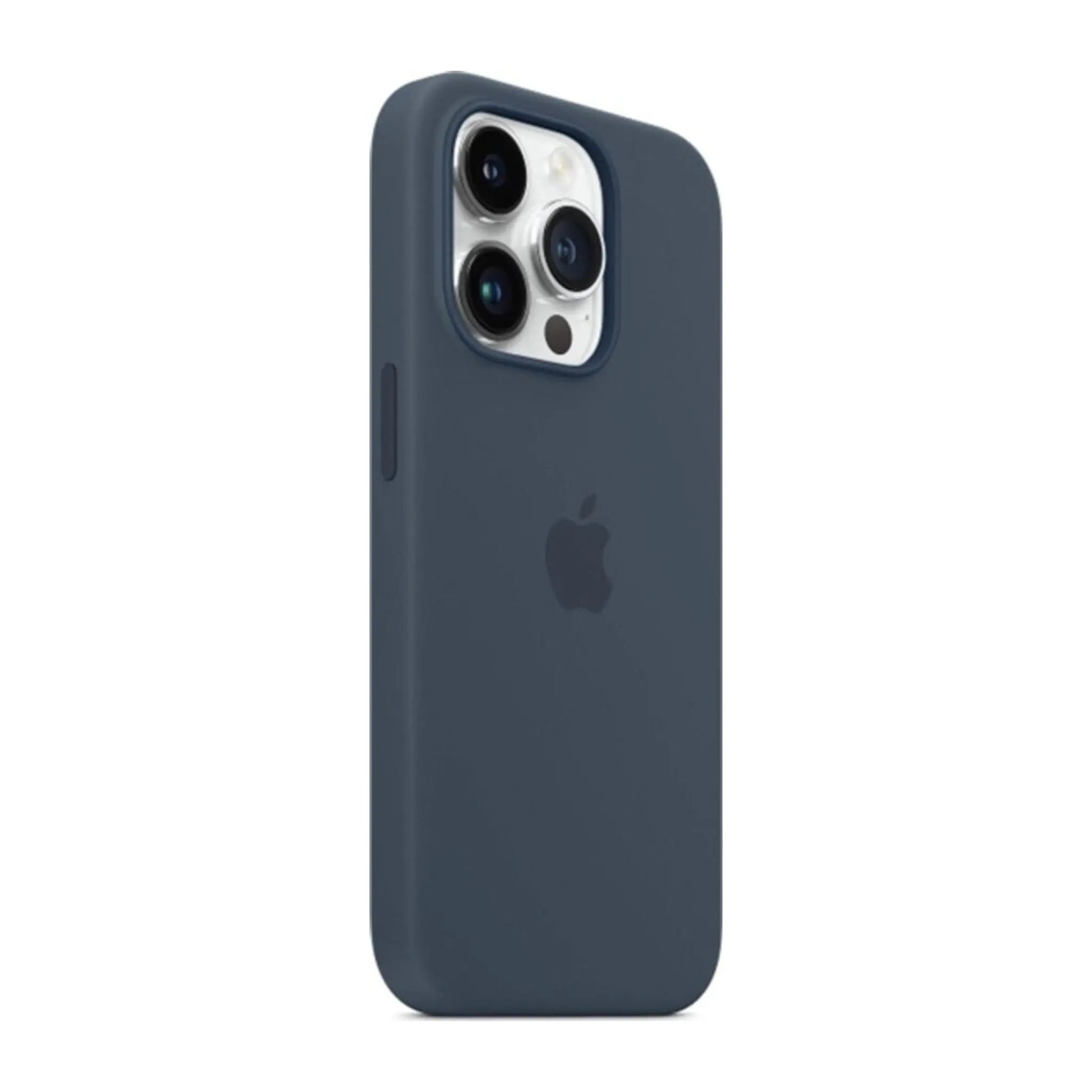 Das Bild zeigt die Apple iPhone Handyhülle MPTQ3ZM/A aus Silikon. Sie ist kompatibel mit dem iPhone 14 Pro Max. In der Farbe Sturmblau aus der Schrägansicht.