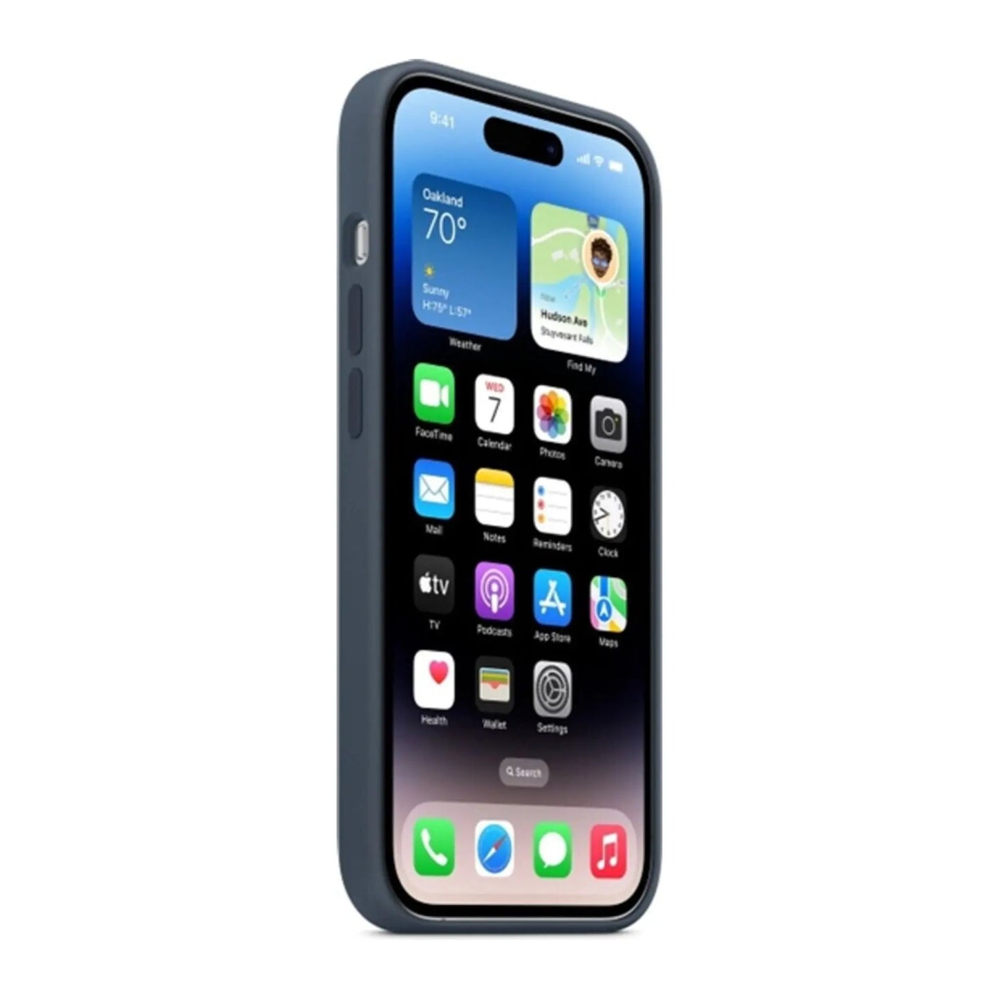 Das Bild zeigt die Apple iPhone Handyhülle MPTQ3ZM/A aus Silikon. Sie ist kompatibel mit dem iPhone 14 Pro Max. In der Farbe Sturmblau aus der Seitenansicht.
