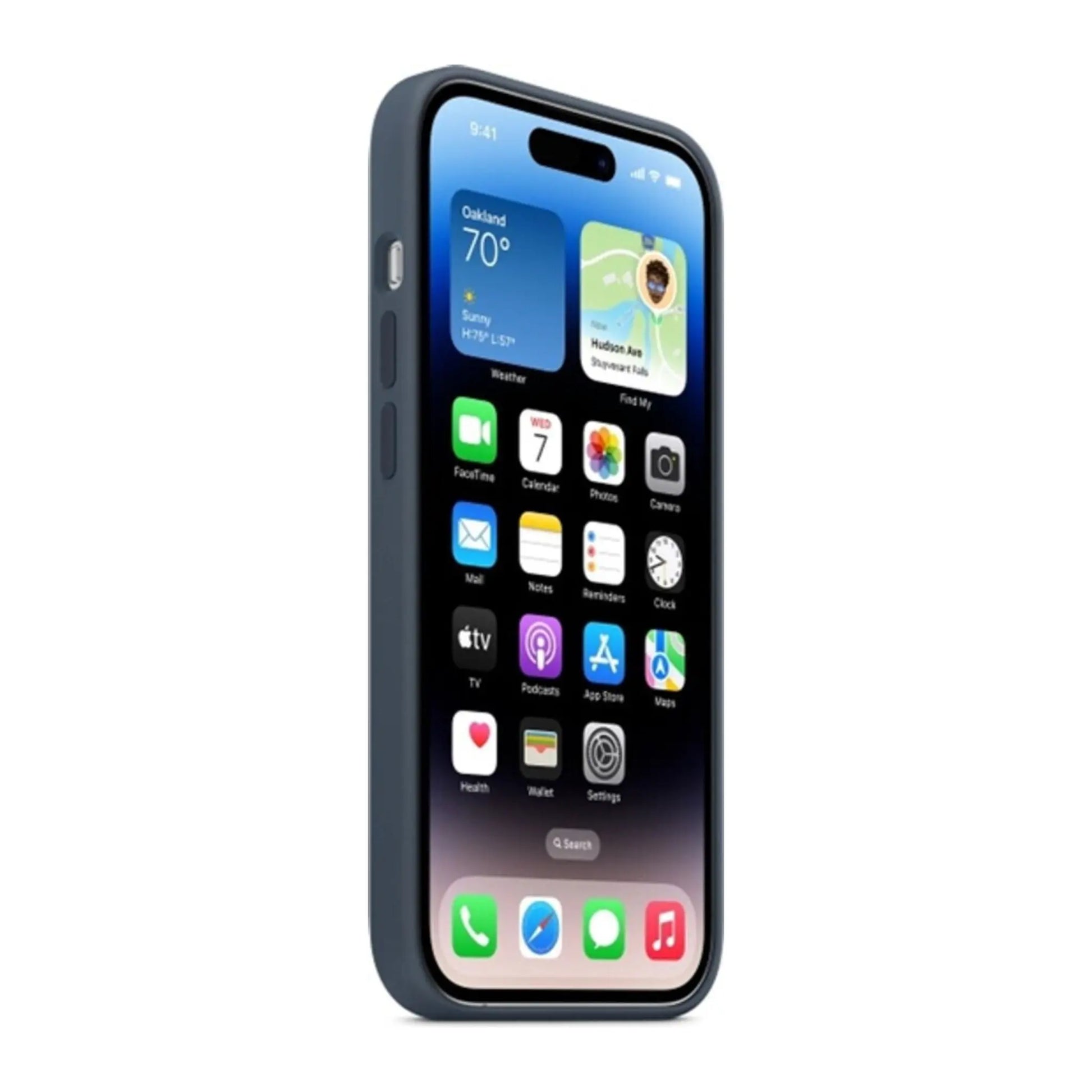 Das Bild zeigt die Apple iPhone Handyhülle MPTQ3ZM/A aus Silikon. Sie ist kompatibel mit dem iPhone 14 Pro Max. In der Farbe Sturmblau aus der Seitenansicht.
