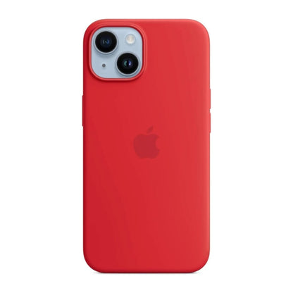 Das Bild zeigt die Apple iPhone Handyhülle MW5U3ZM/A aus Silikon. Sie ist kompatibel mit dem iPhone 14. In der Farbe Rot aus der Frontansicht.