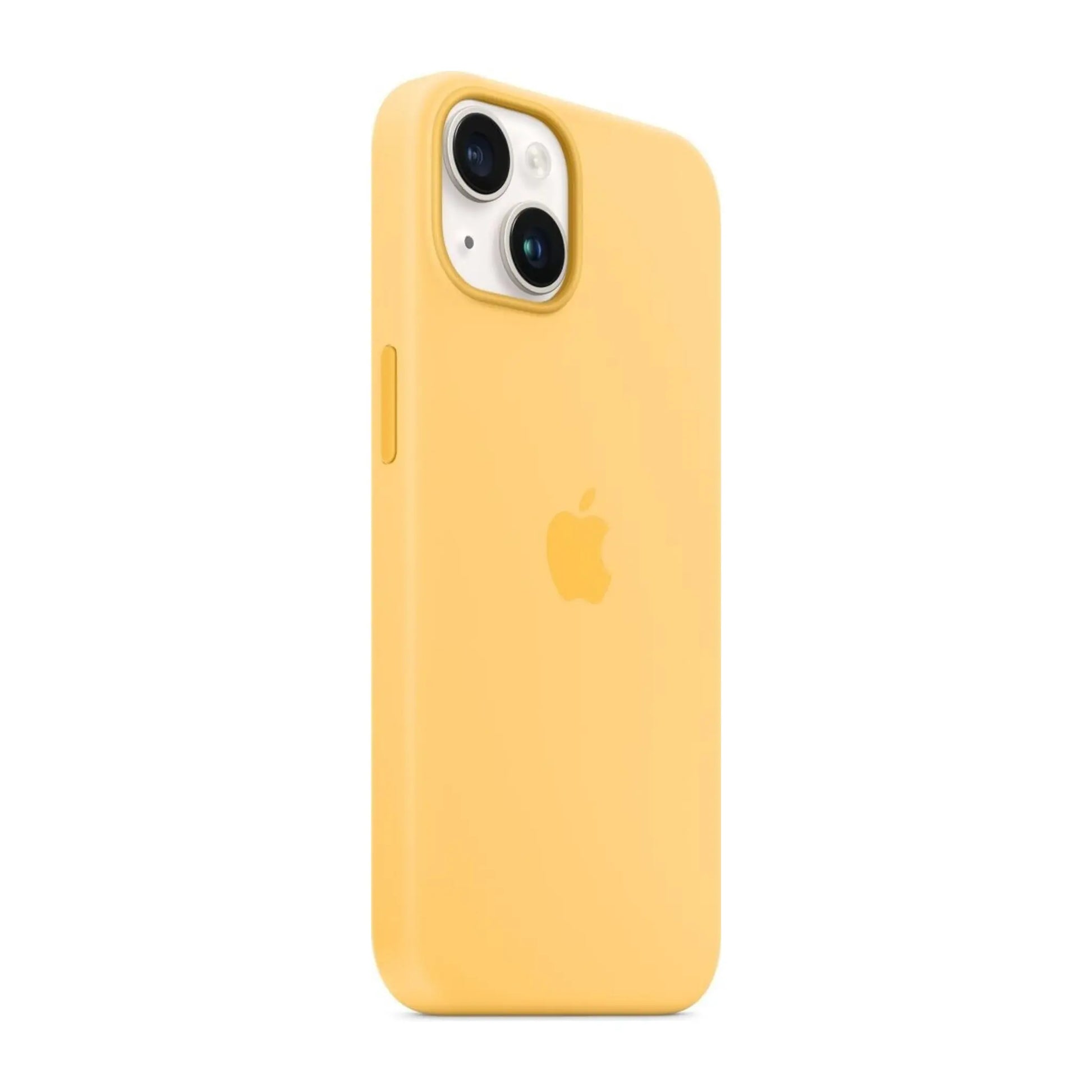 Das Bild zeigt die Apple iPhone Handyhülle MPT23ZM/A aus Silikon. Sie ist kompatibel mit dem iPhone 14. In der Farbe Sonnenlicht aus der Schrägansicht.