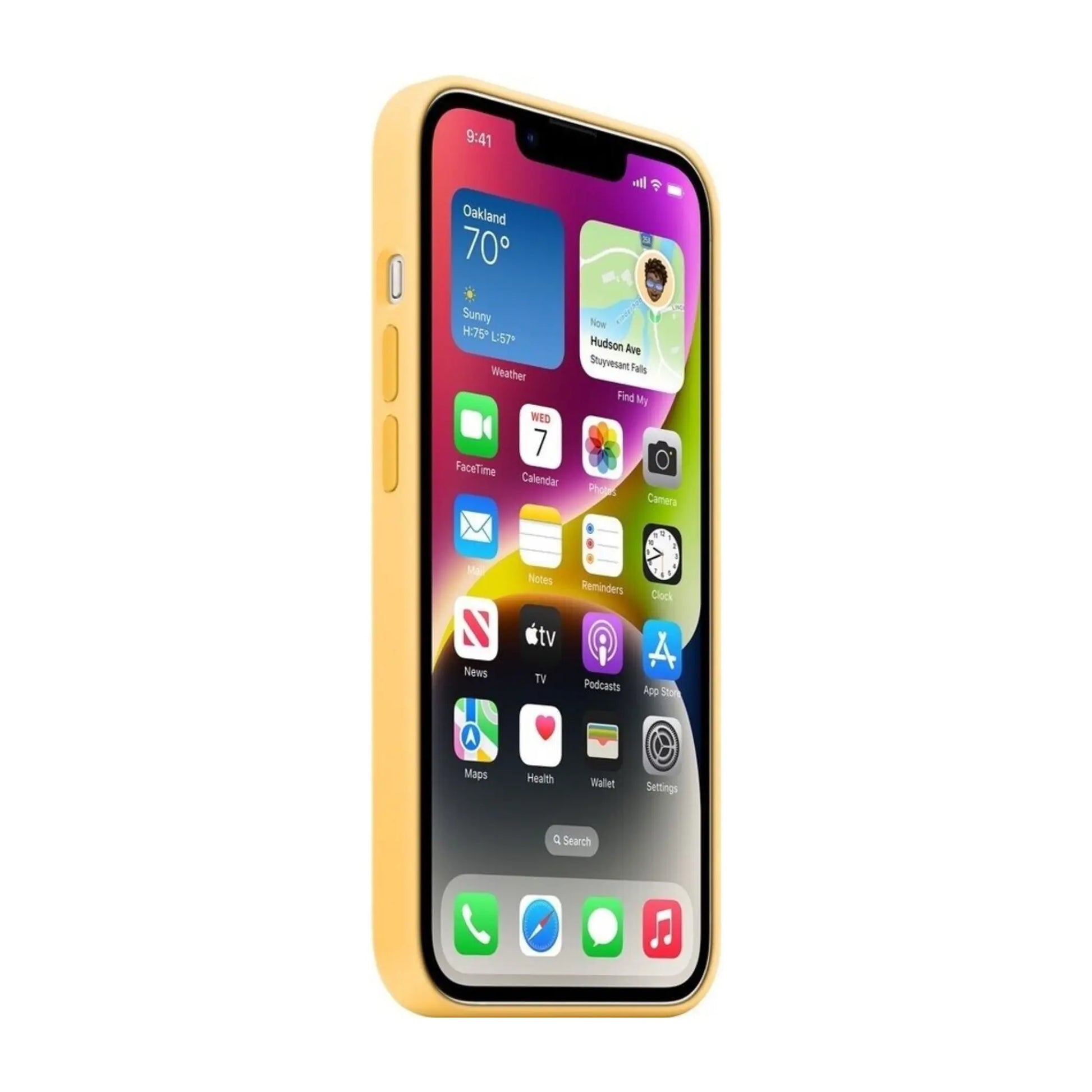 Das Bild zeigt die Apple iPhone Handyhülle MPT23ZM/A aus Silikon. Sie ist kompatibel mit dem iPhone 14. In der Farbe Sonnenlicht aus der Seitenansicht.