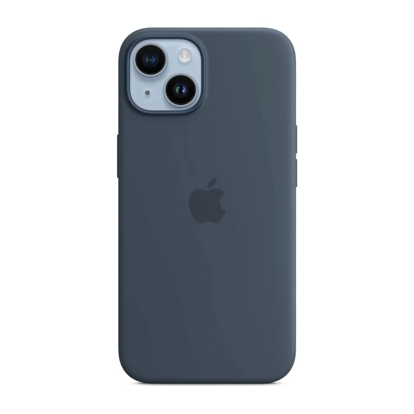 Das Bild zeigt die Apple iPhone Handyhülle MW5T3ZM/A aus Silikon. Sie ist kompatibel mit dem iPhone 14. In der Farbe Sturmblau aus der Frontansicht.