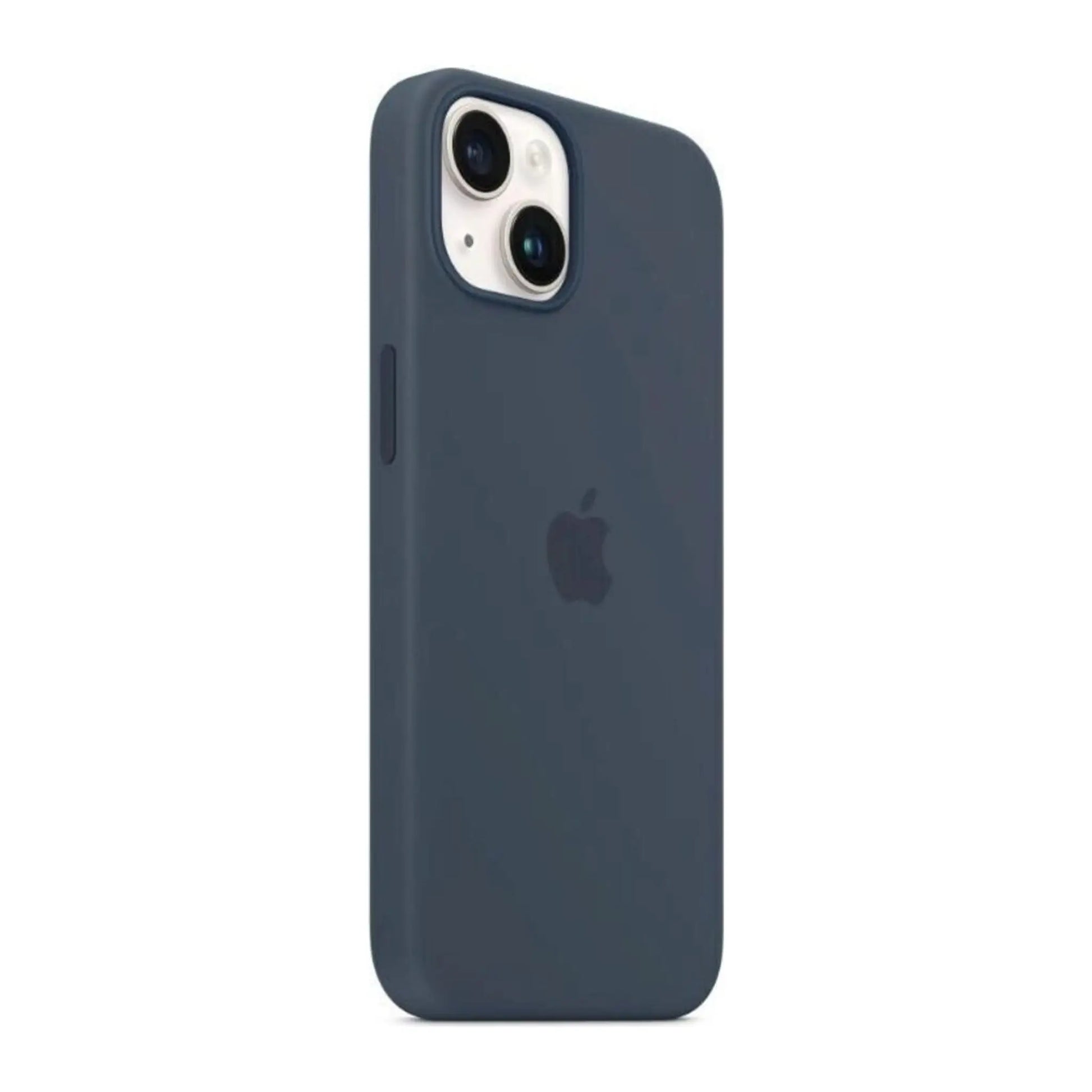 Das Bild zeigt die Apple iPhone Handyhülle MW5T3ZM/A aus Silikon. Sie ist kompatibel mit dem iPhone 14. In der Farbe Sturmblau aus der Schrägansicht.