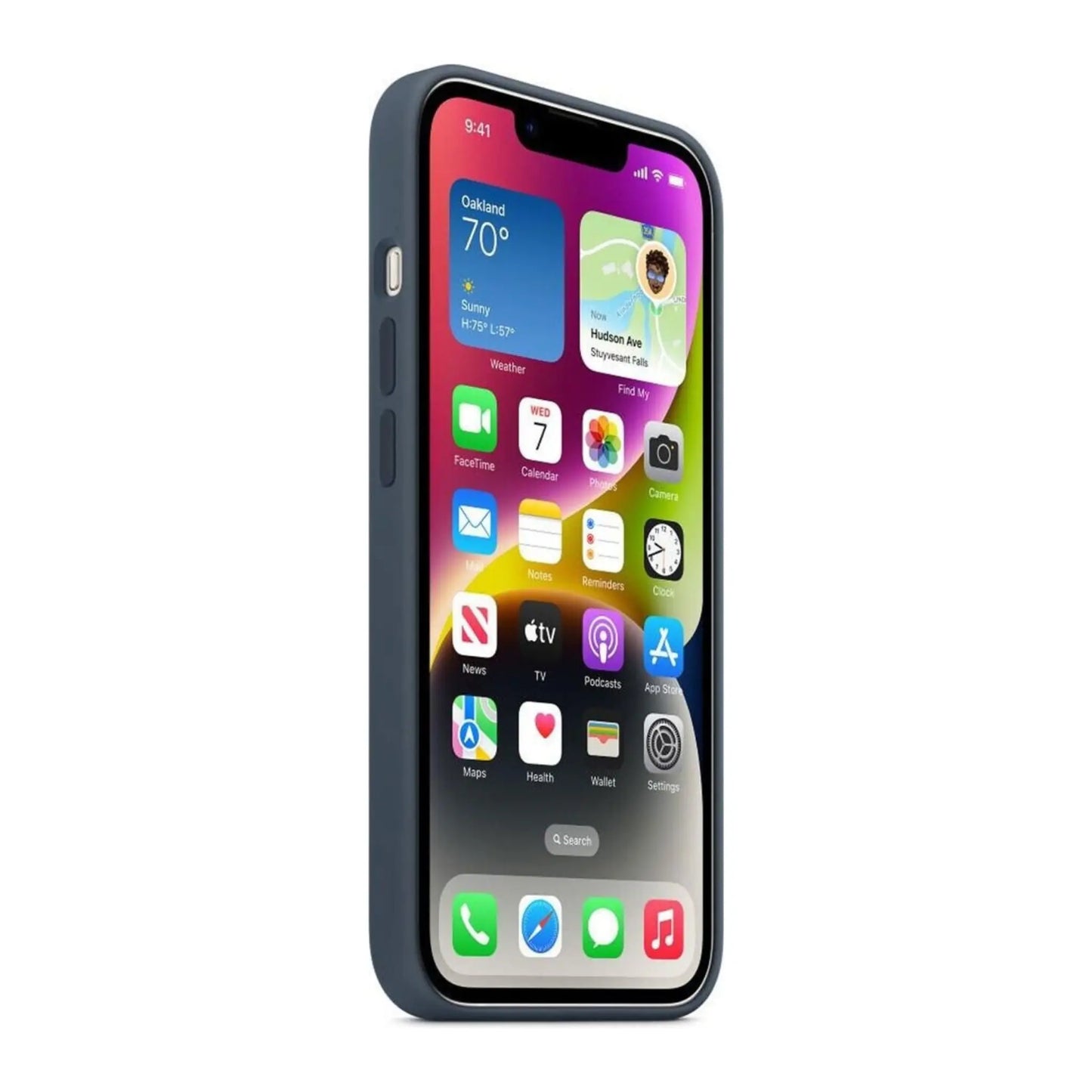 Das Bild zeigt die Apple iPhone Handyhülle MW5T3ZM/A aus Silikon. Sie ist kompatibel mit dem iPhone 14. In der Farbe Sturmblau aus der Seitenansicht.