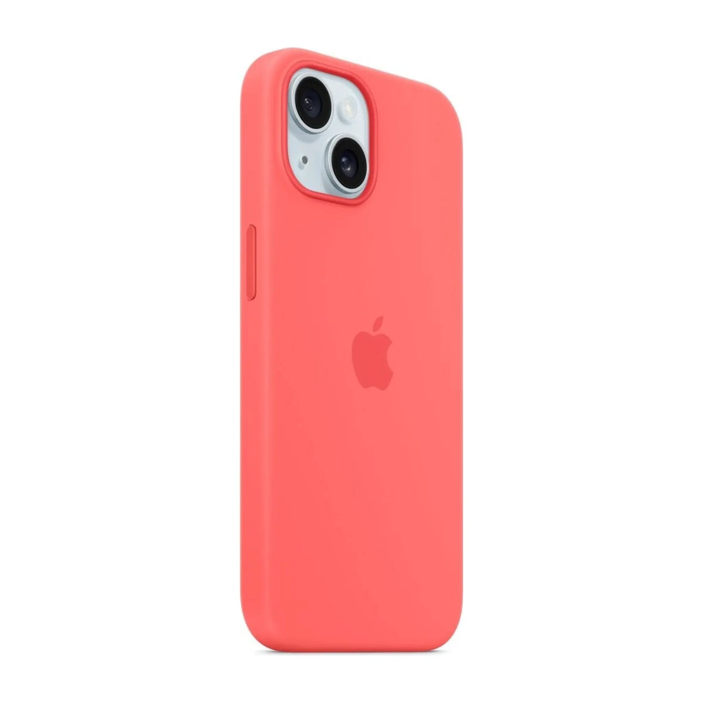 Das Bild zeigt die Apple iPhone Handyhülle MT0V3ZM/A aus Silikon. Sie ist kompatibel mit dem iPhone 15. In der Farbe Guave aus der Schrägansicht.
