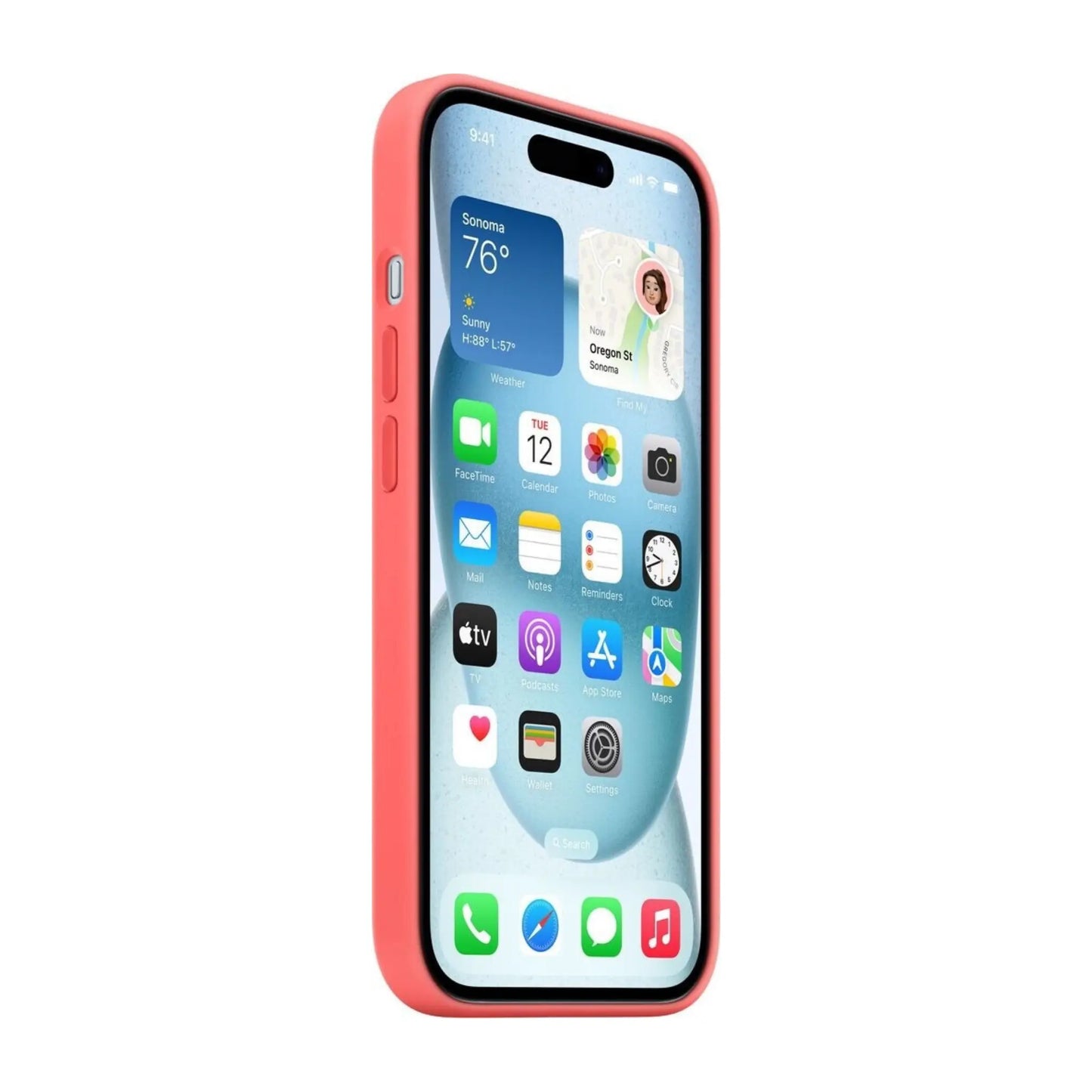 Das Bild zeigt die Apple iPhone Handyhülle MT0V3ZM/A aus Silikon. Sie ist kompatibel mit dem iPhone 15. In der Farbe Guave aus der Seitenansicht.