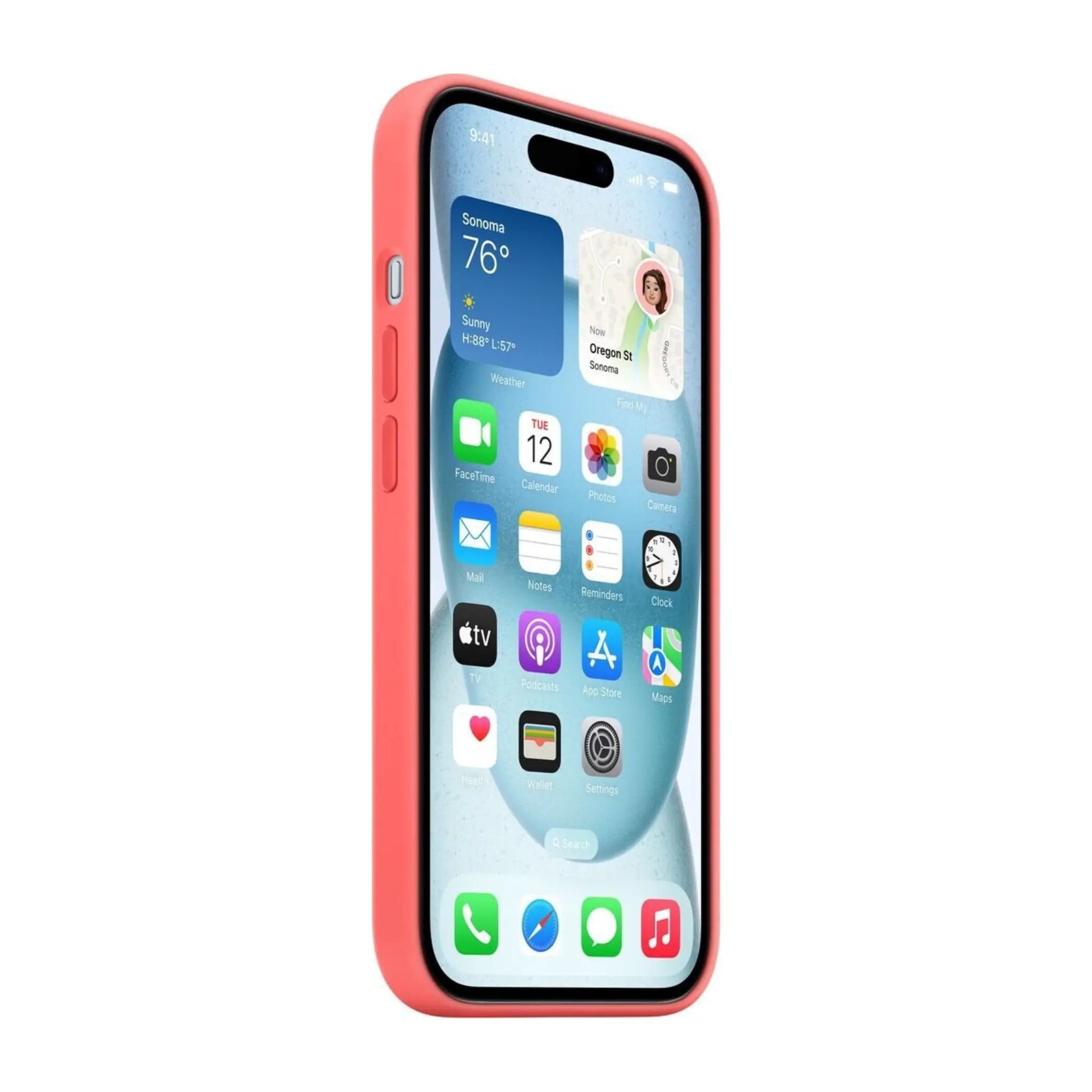 Das Bild zeigt die Apple iPhone Handyhülle MT0V3ZM/A aus Silikon. Sie ist kompatibel mit dem iPhone 15. In der Farbe Guave aus der Seitenansicht.