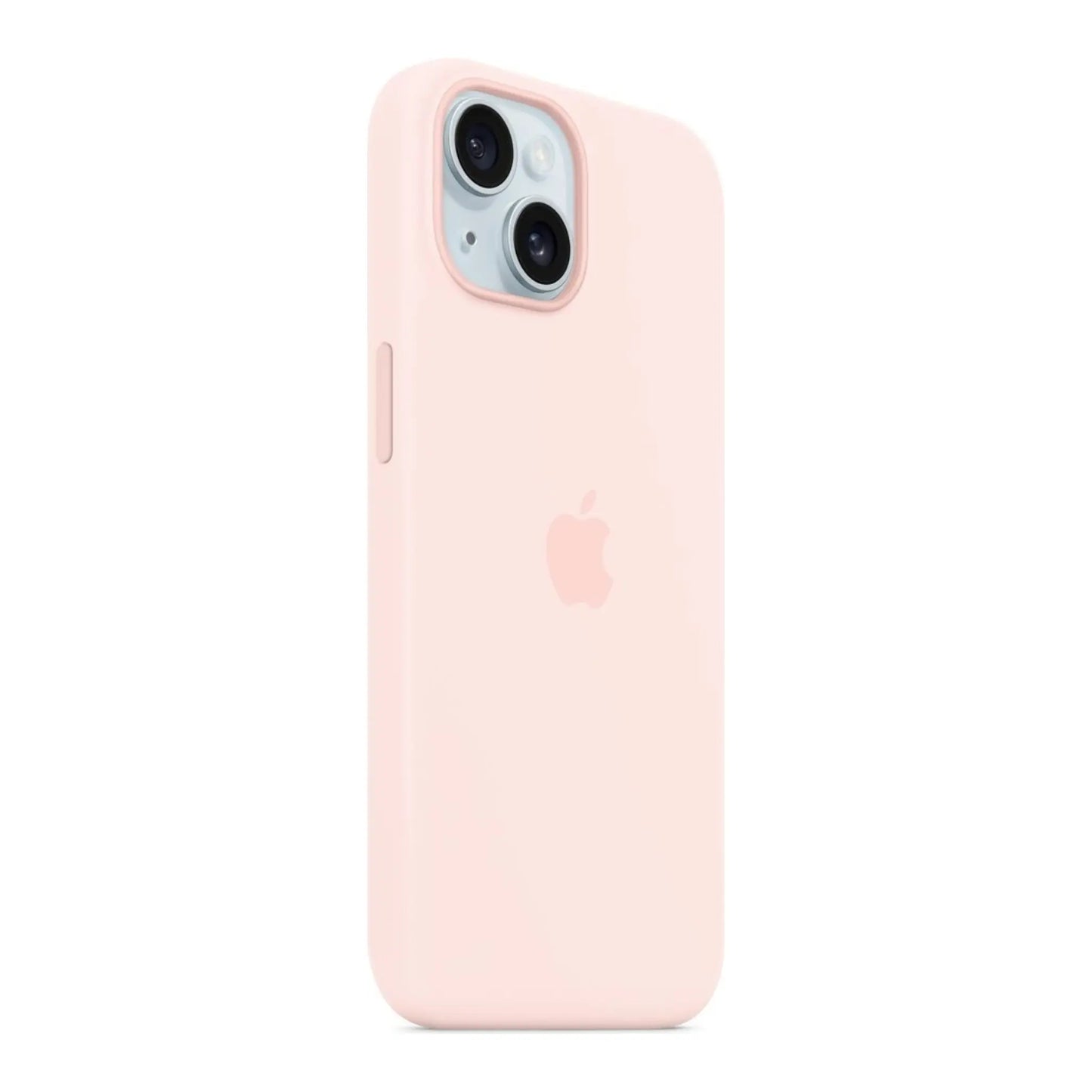 Das Bild zeigt die Apple iPhone Handyhülle MXPH3ZM/A aus Silikon. Sie ist kompatibel mit dem iPhone 15. In der Farbe Hellrosa aus der Schrägansicht.