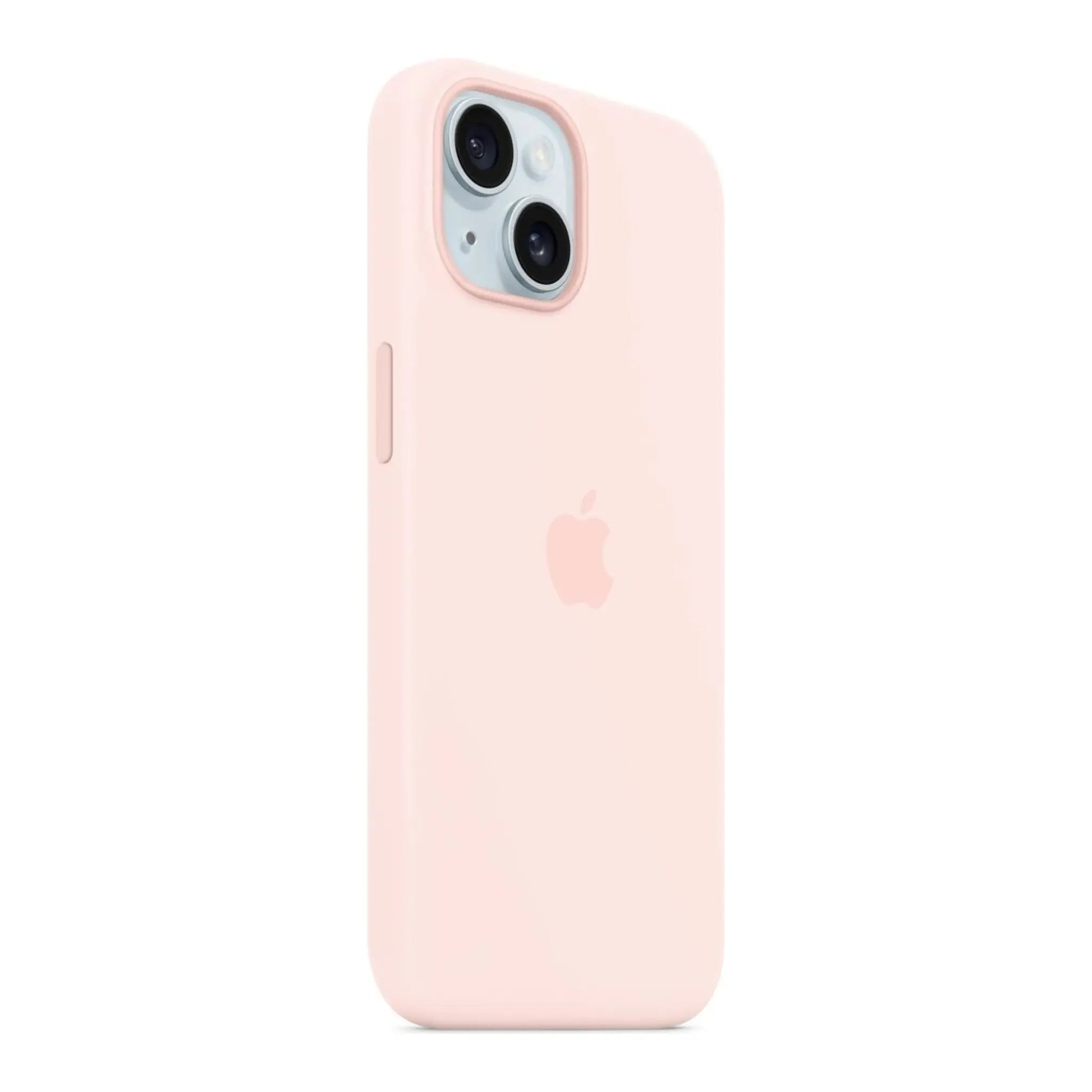 Das Bild zeigt die Apple iPhone Handyhülle MXPH3ZM/A aus Silikon. Sie ist kompatibel mit dem iPhone 15. In der Farbe Hellrosa aus der Schrägansicht.