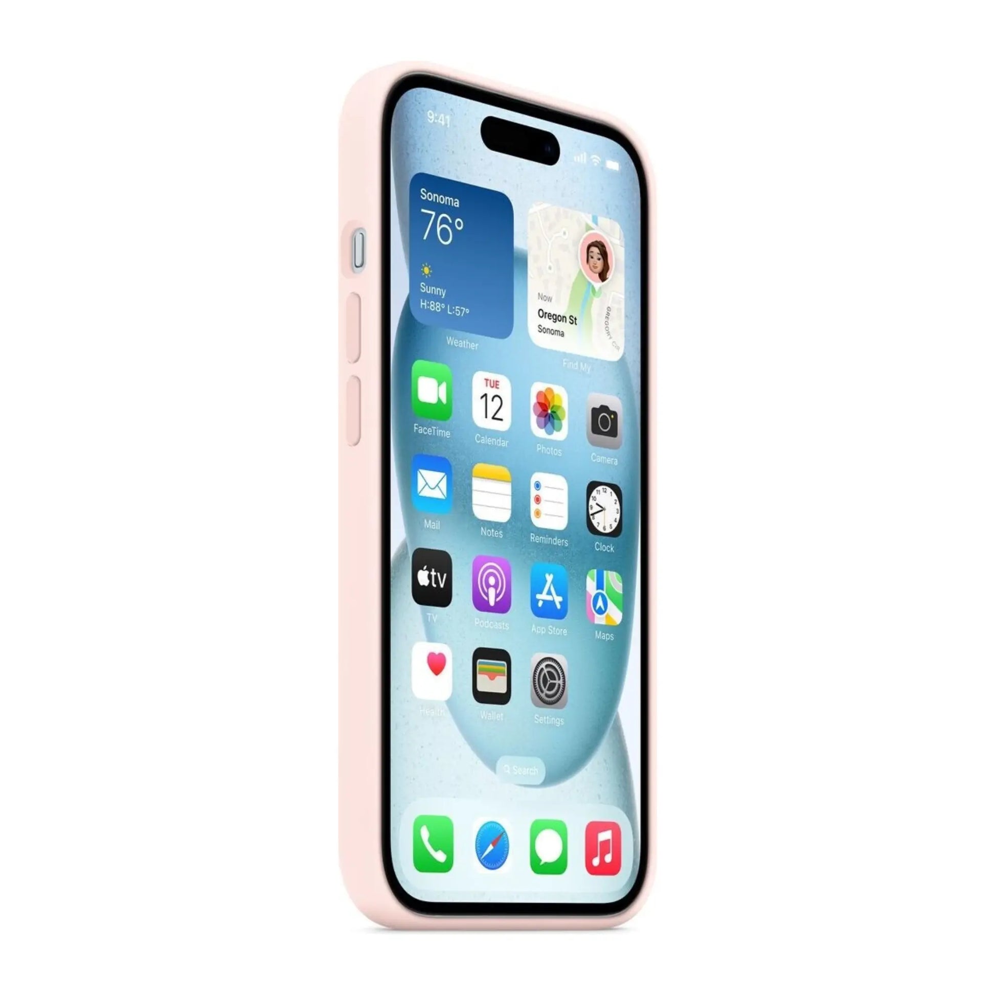 Das Bild zeigt die Apple iPhone Handyhülle MXPH3ZM/A aus Silikon. Sie ist kompatibel mit dem iPhone 15. In der Farbe Hellrosa aus der Seitenansicht.