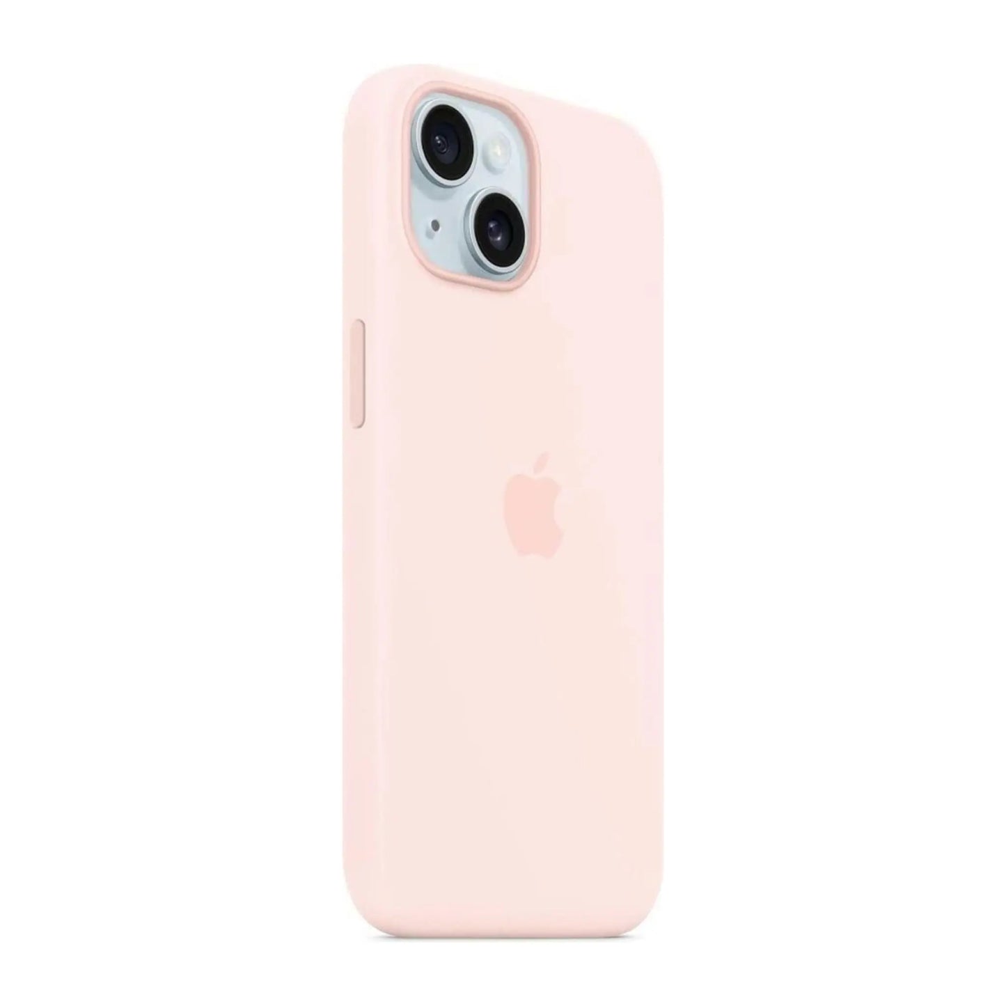 Das Bild zeigt die Apple iPhone Handyhülle MXQV3ZM/A aus Silikon. Sie ist kompatibel mit dem iPhone 15 Plus. In der Farbe Hellrosa aus der Schrägansicht.