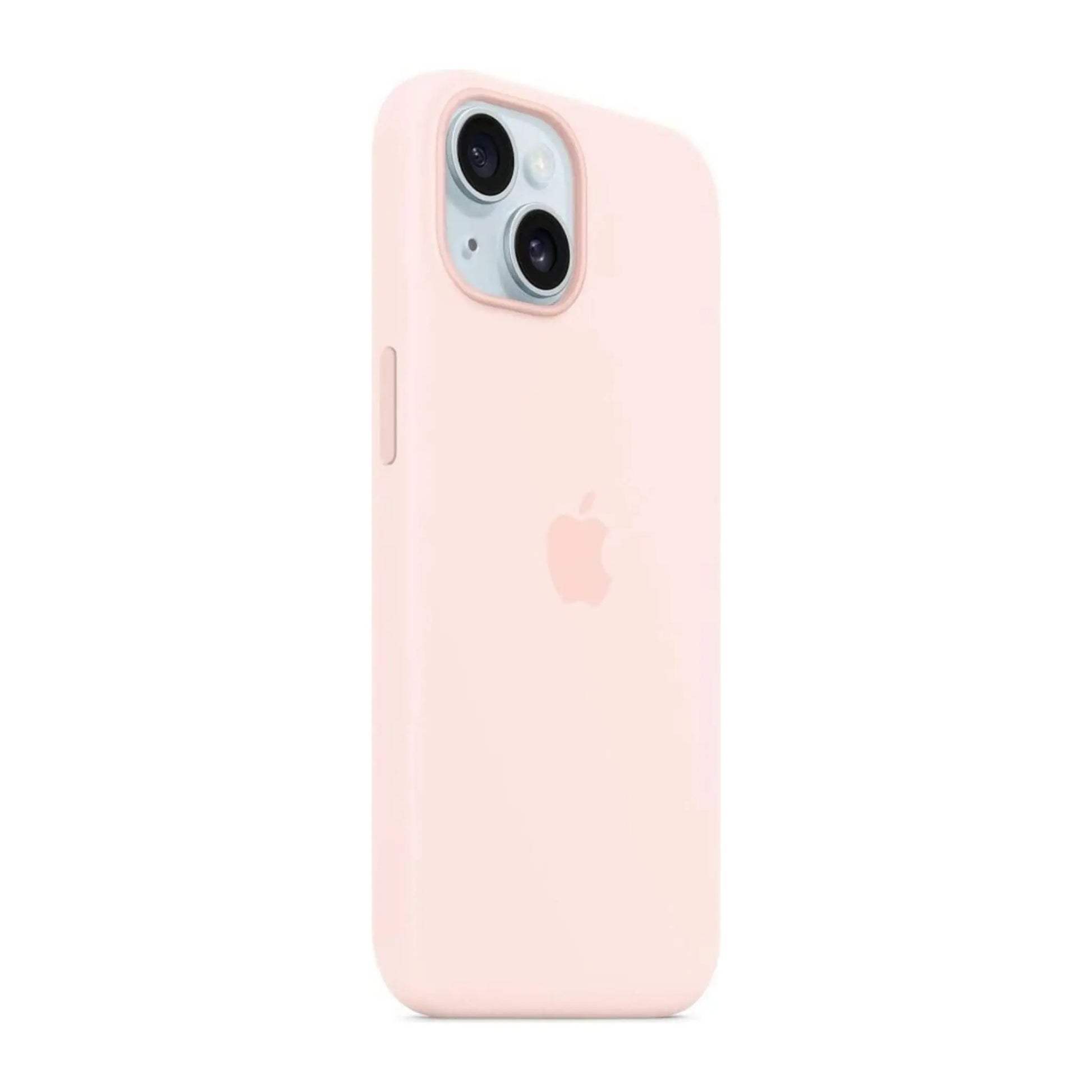 Das Bild zeigt die Apple iPhone Handyhülle MXQV3ZM/A aus Silikon. Sie ist kompatibel mit dem iPhone 15 Plus. In der Farbe Hellrosa aus der Schrägansicht.