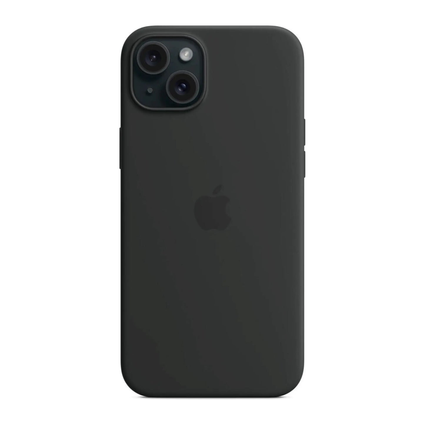 Das Bild zeigt die Apple iPhone Handyhülle MXQR3ZM/A aus Silikon. Sie ist kompatibel mit dem iPhone 15 Plus. In der Farbe Schwarz aus der Frontansicht.