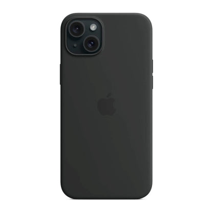 Das Bild zeigt die Apple iPhone Handyhülle MXQR3ZM/A aus Silikon. Sie ist kompatibel mit dem iPhone 15 Plus. In der Farbe Schwarz aus der Frontansicht.
