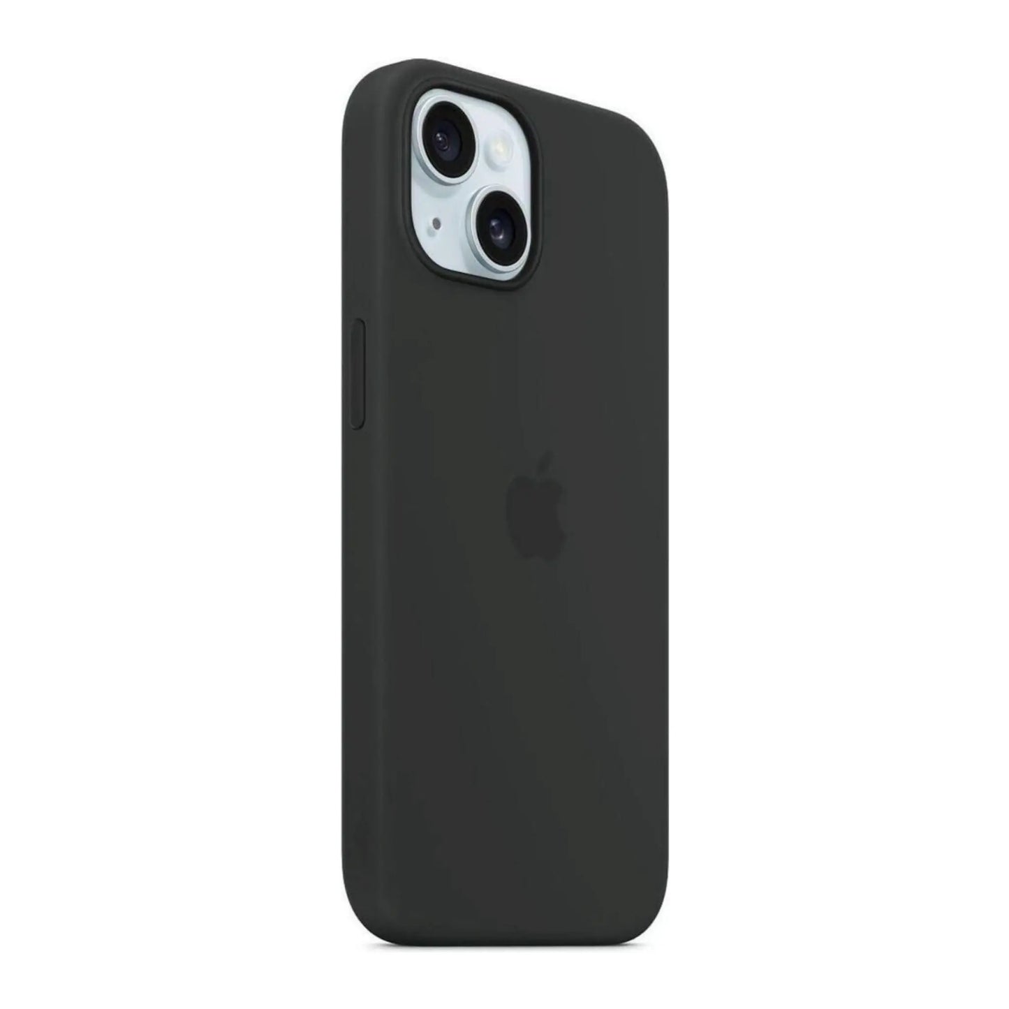 Das Bild zeigt die Apple iPhone Handyhülle MXQR3ZM/A aus Silikon. Sie ist kompatibel mit dem iPhone 15 Plus. In der Farbe Schwarz aus der Schrägansicht.