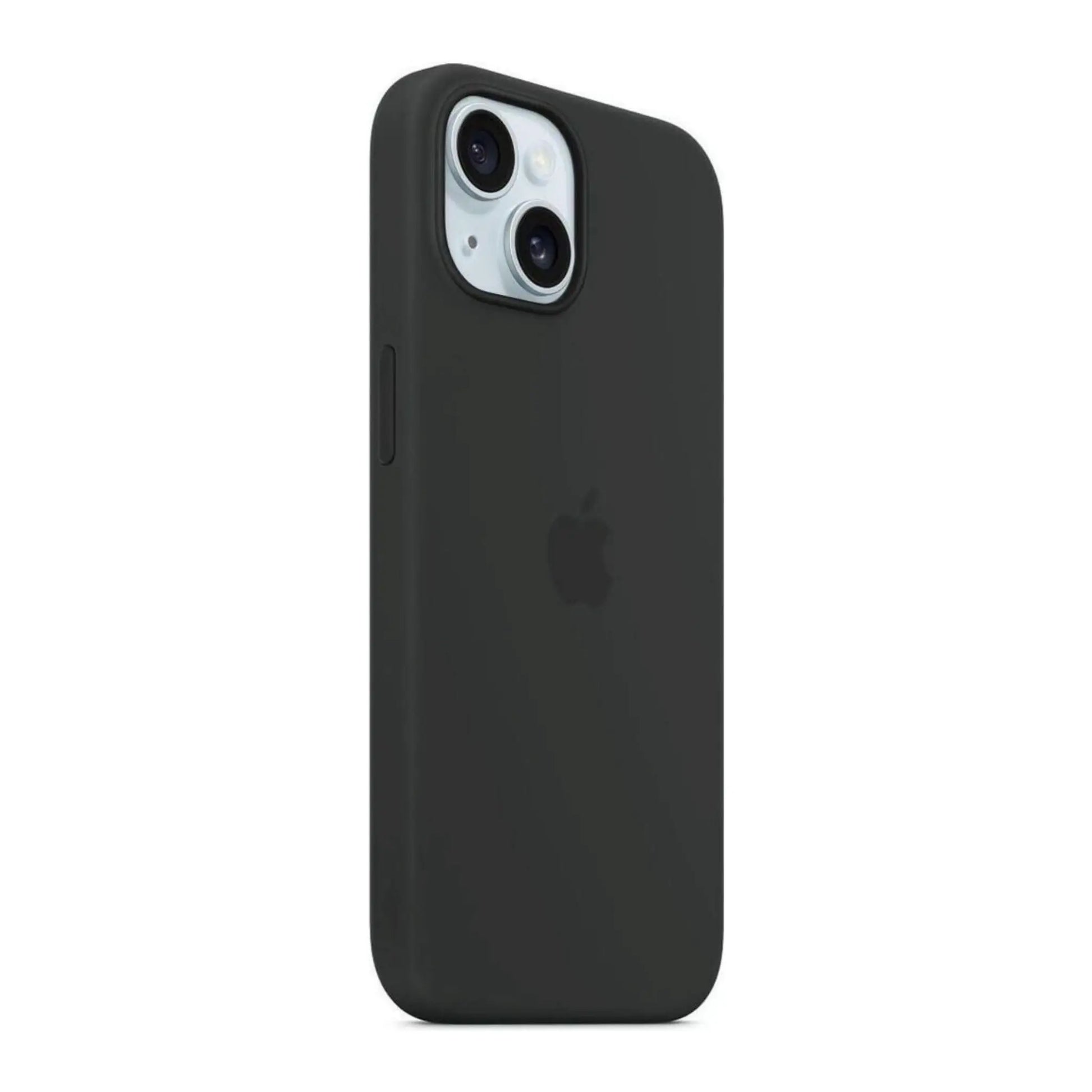 Das Bild zeigt die Apple iPhone Handyhülle MXQR3ZM/A aus Silikon. Sie ist kompatibel mit dem iPhone 15 Plus. In der Farbe Schwarz aus der Schrägansicht.