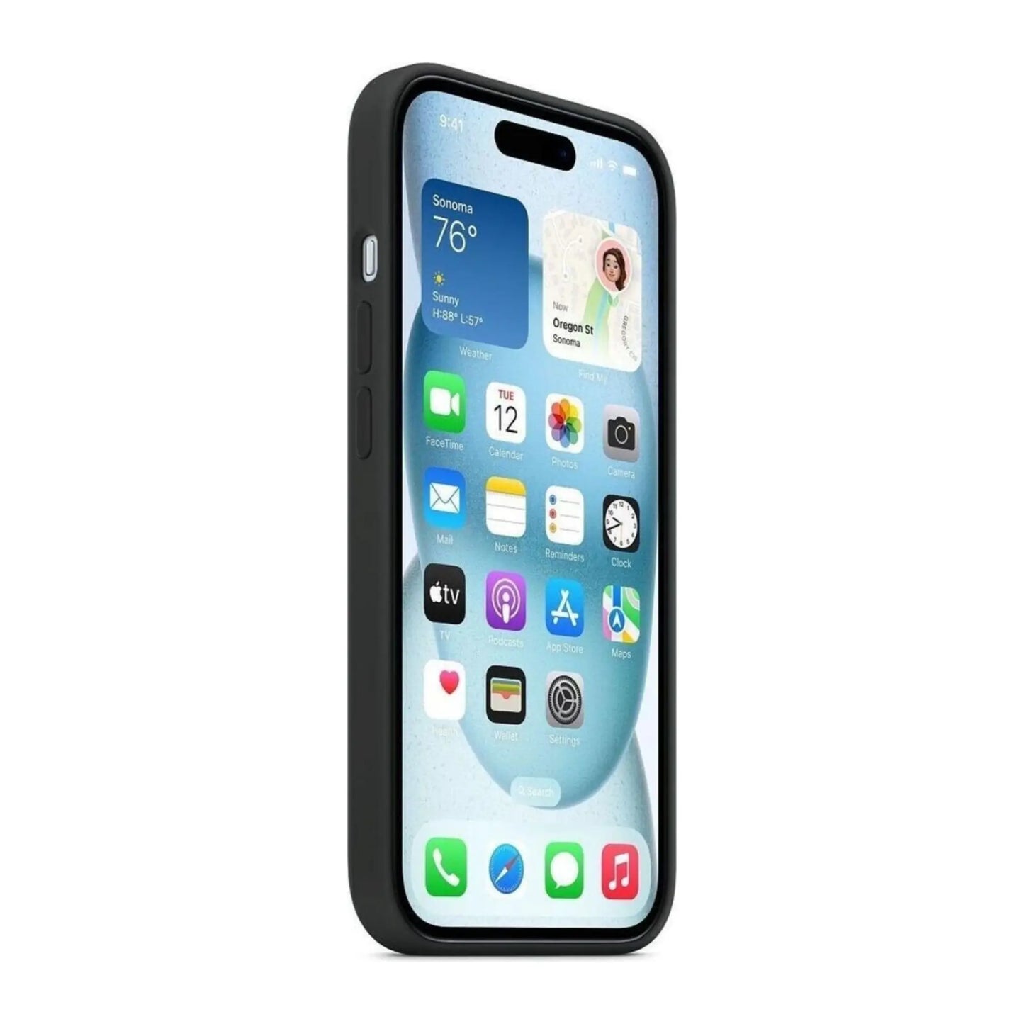 Das Bild zeigt die Apple iPhone Handyhülle MXQR3ZM/A aus Silikon. Sie ist kompatibel mit dem iPhone 15 Plus. In der Farbe Schwarz aus der Seitenansicht.
