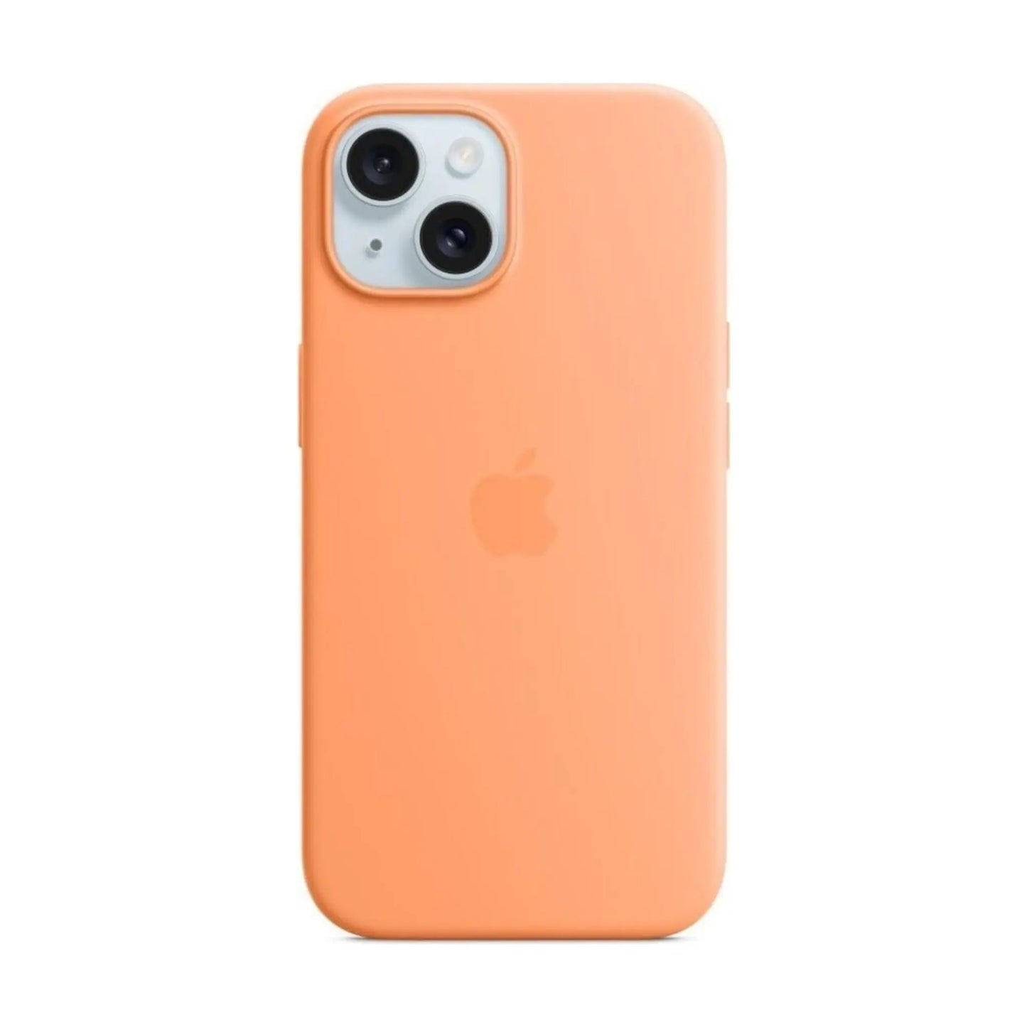 Das Bild zeigt die Apple iPhone Handyhülle MT173ZM/A aus Silikon. Sie ist kompatibel mit dem iPhone 15 Plus. In der Farbe Sorbet Orange aus der Frontansicht.
