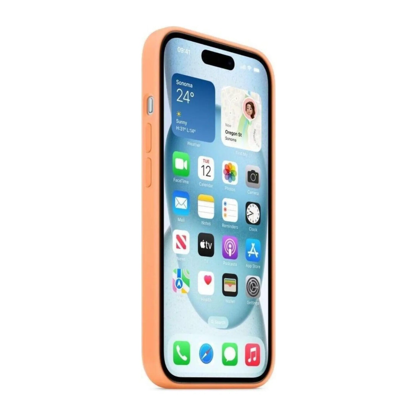 Das Bild zeigt die Apple iPhone Handyhülle MT173ZM/A aus Silikon. Sie ist kompatibel mit dem iPhone 15 Plus. In der Farbe Sorbet Orange aus der Seitenansicht.