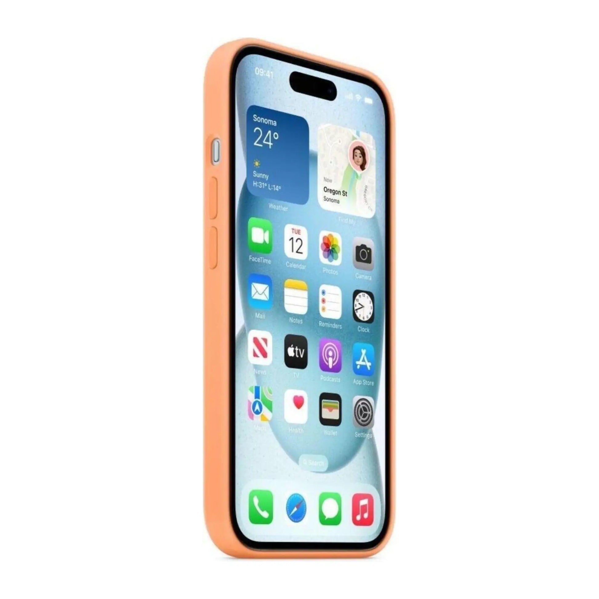 Das Bild zeigt die Apple iPhone Handyhülle MT173ZM/A aus Silikon. Sie ist kompatibel mit dem iPhone 15 Plus. In der Farbe Sorbet Orange aus der Seitenansicht.
