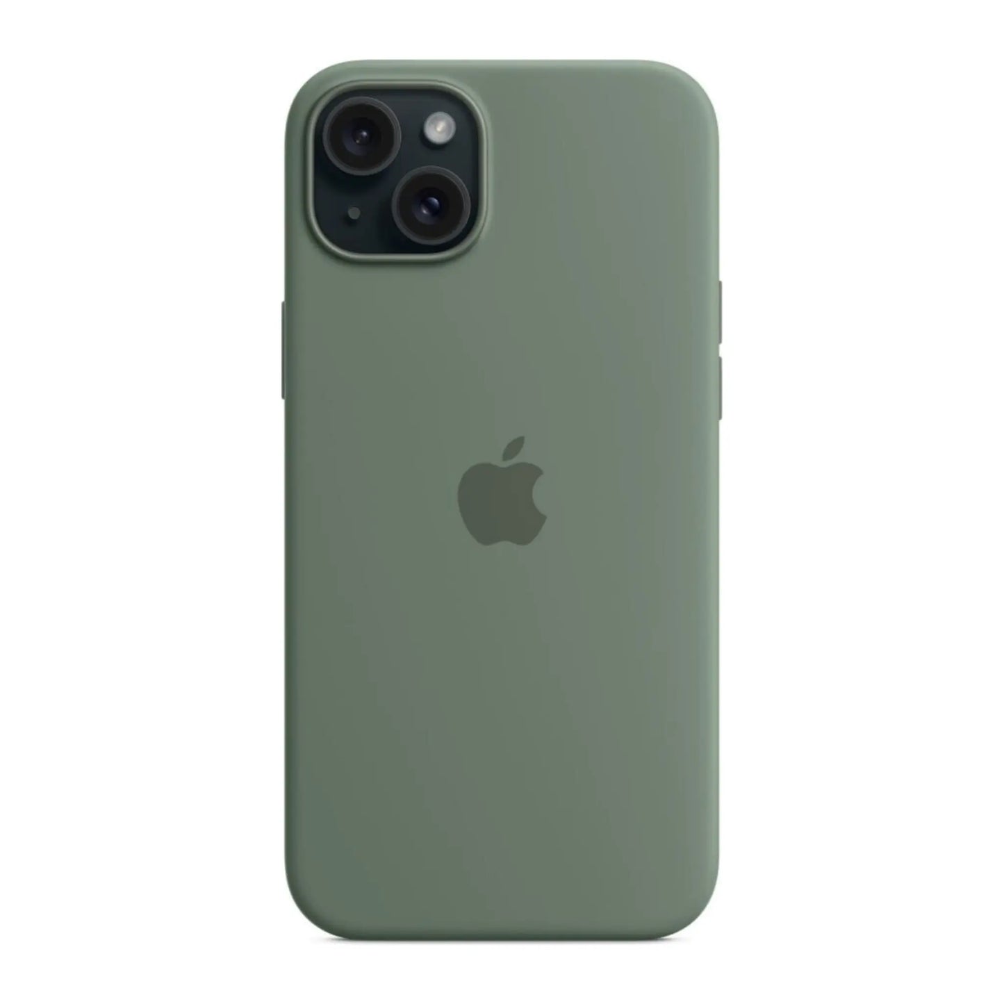 Das Bild zeigt die Apple iPhone Handyhülle MT183ZM/A aus Silikon. Sie ist kompatibel mit dem iPhone 15 Plus. In der Farbe Zypresse aus der Frontansicht.