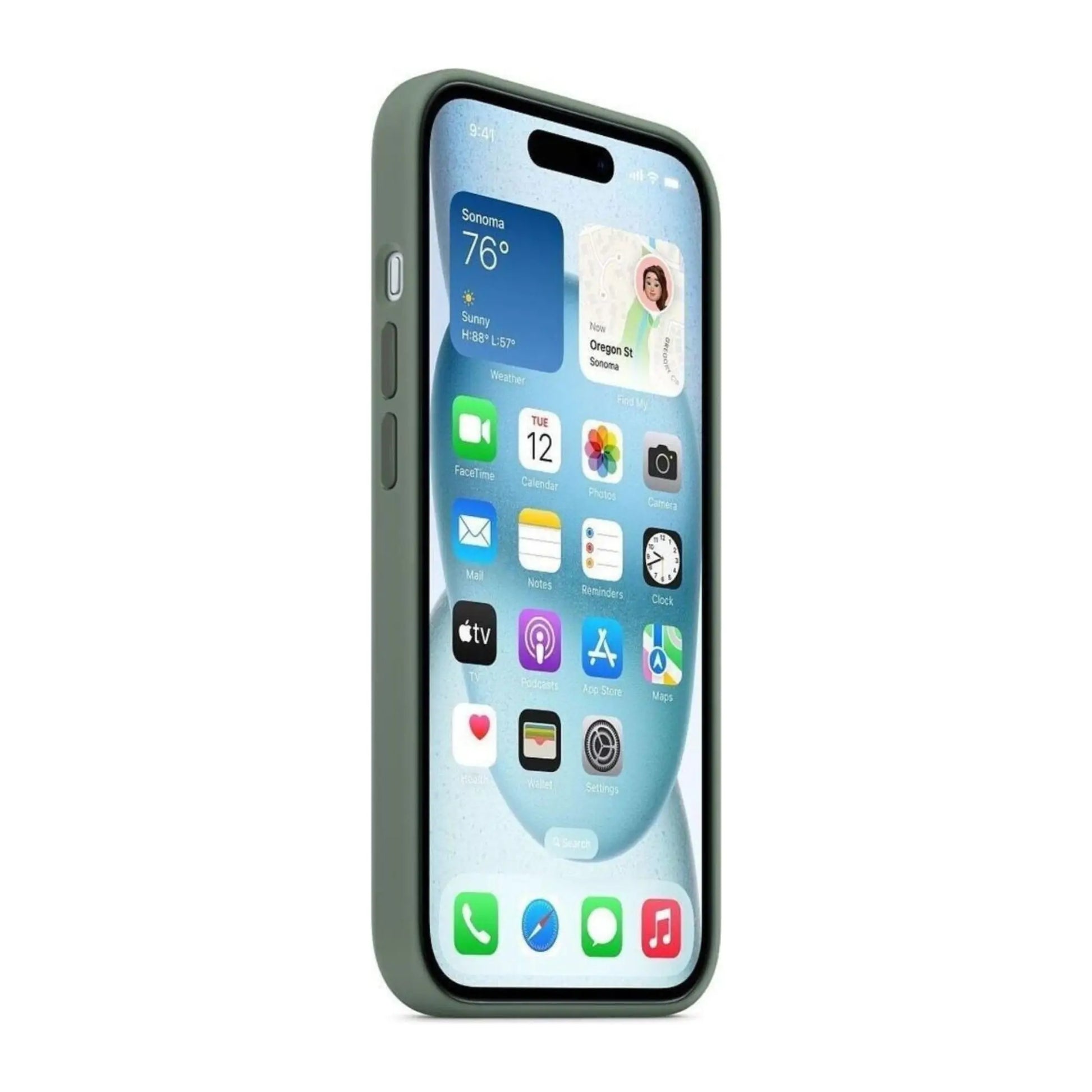 Das Bild zeigt die Apple iPhone Handyhülle MT183ZM/A aus Silikon. Sie ist kompatibel mit dem iPhone 15 Plus. In der Farbe Zypresse aus der Seitenansicht.