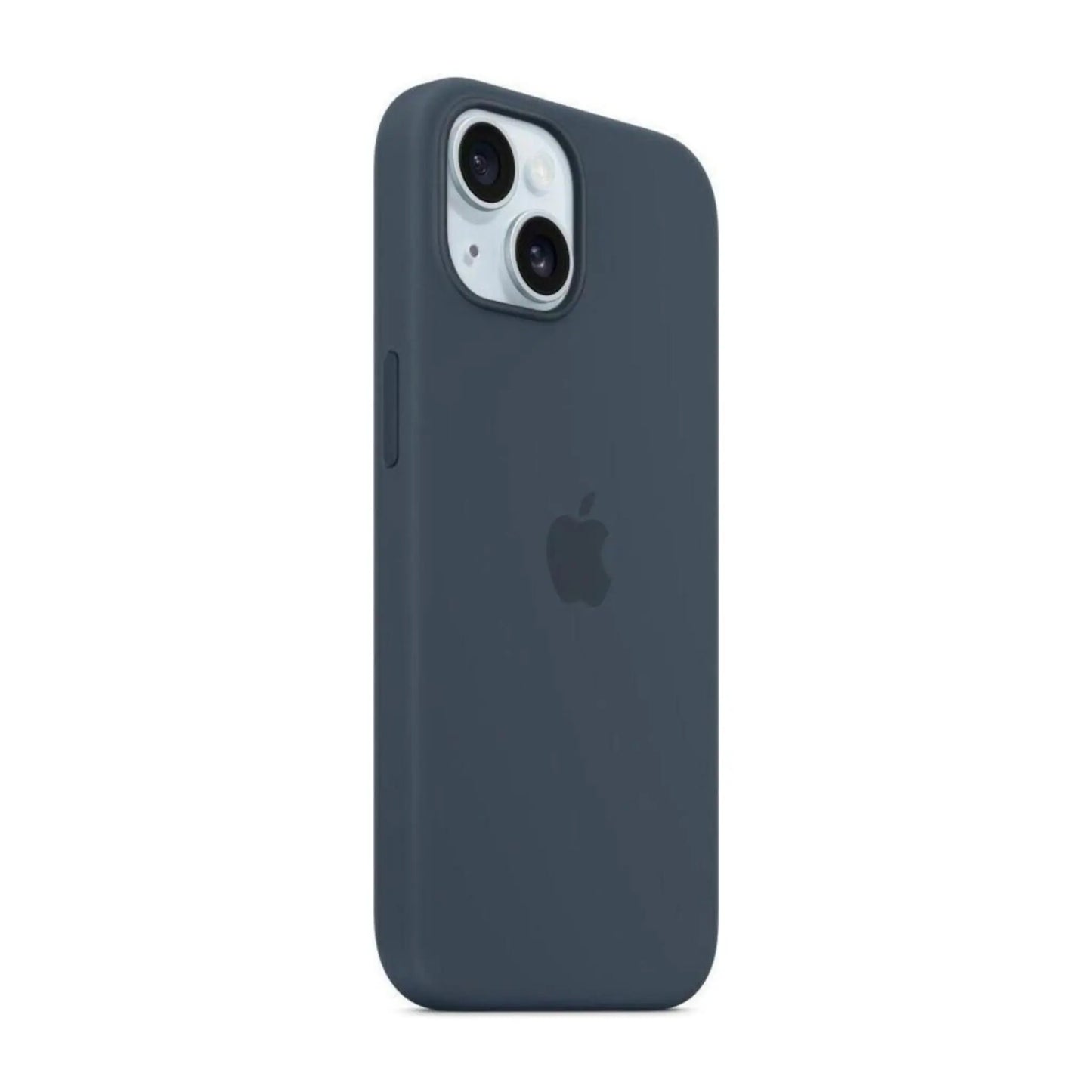 Das Bild zeigt die Apple iPhone Handyhülle MT123ZM/A aus Silikon. Sie ist kompatibel mit dem iPhone 15 Plus. In der Farbe Sturmblau aus der Schrägansicht.