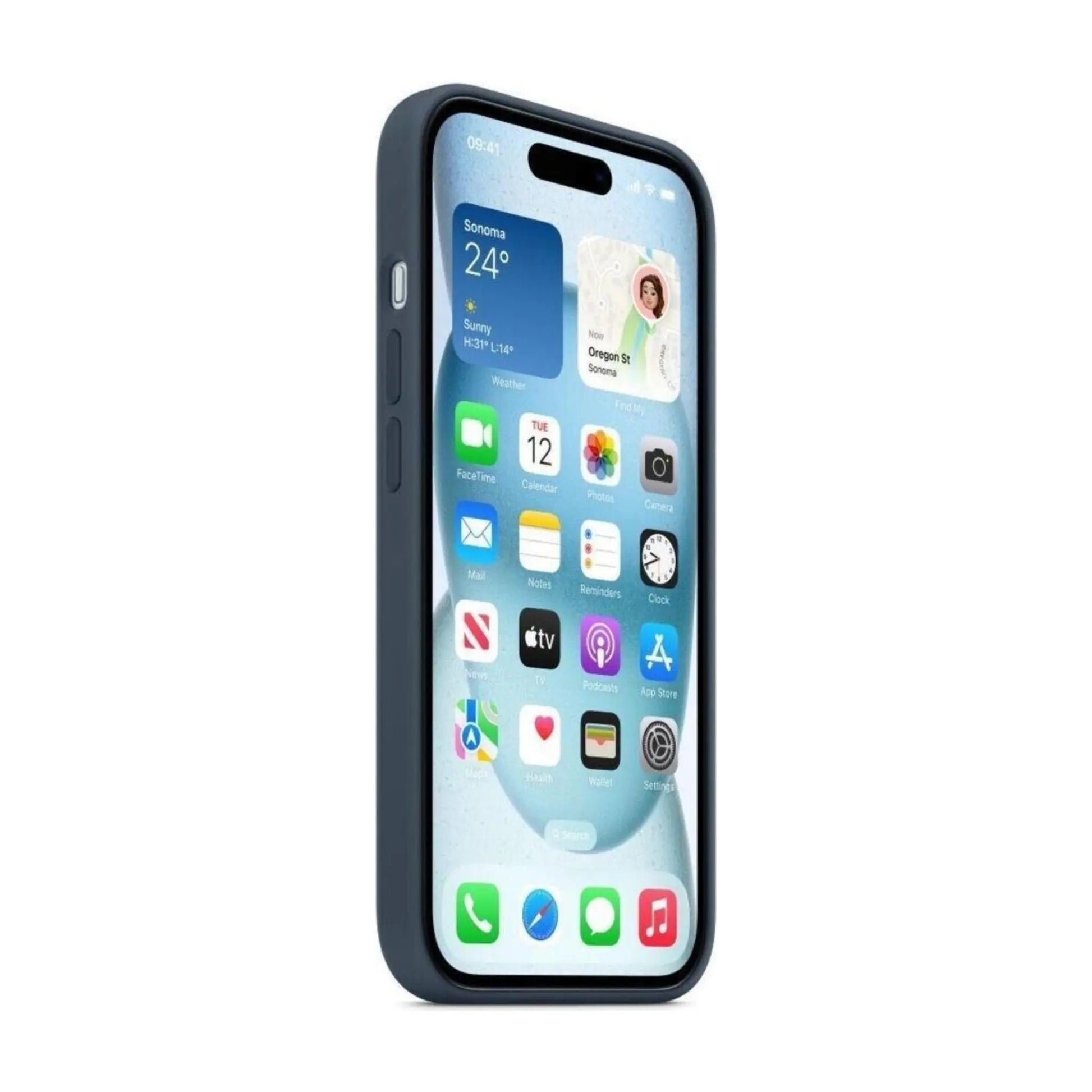 Das Bild zeigt die Apple iPhone Handyhülle MT123ZM/A aus Silikon. Sie ist kompatibel mit dem iPhone 15 Plus. In der Farbe Sturmblau aus der Seitenansicht.