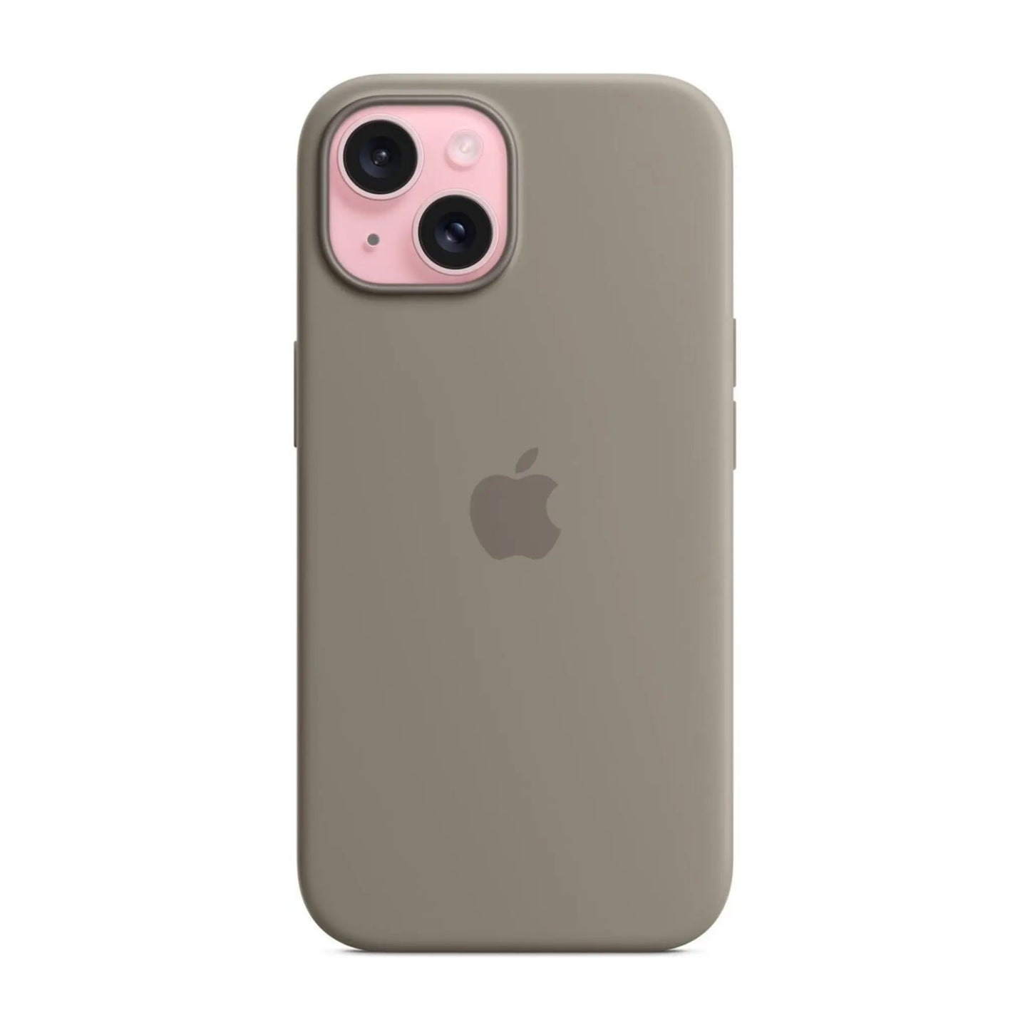 Das Bild zeigt die Apple iPhone Handyhülle MXQU3ZM/A aus Silikon. Sie ist kompatibel mit dem iPhone 15 Plus. In der Farbe Tonbraun aus der Frontansicht.