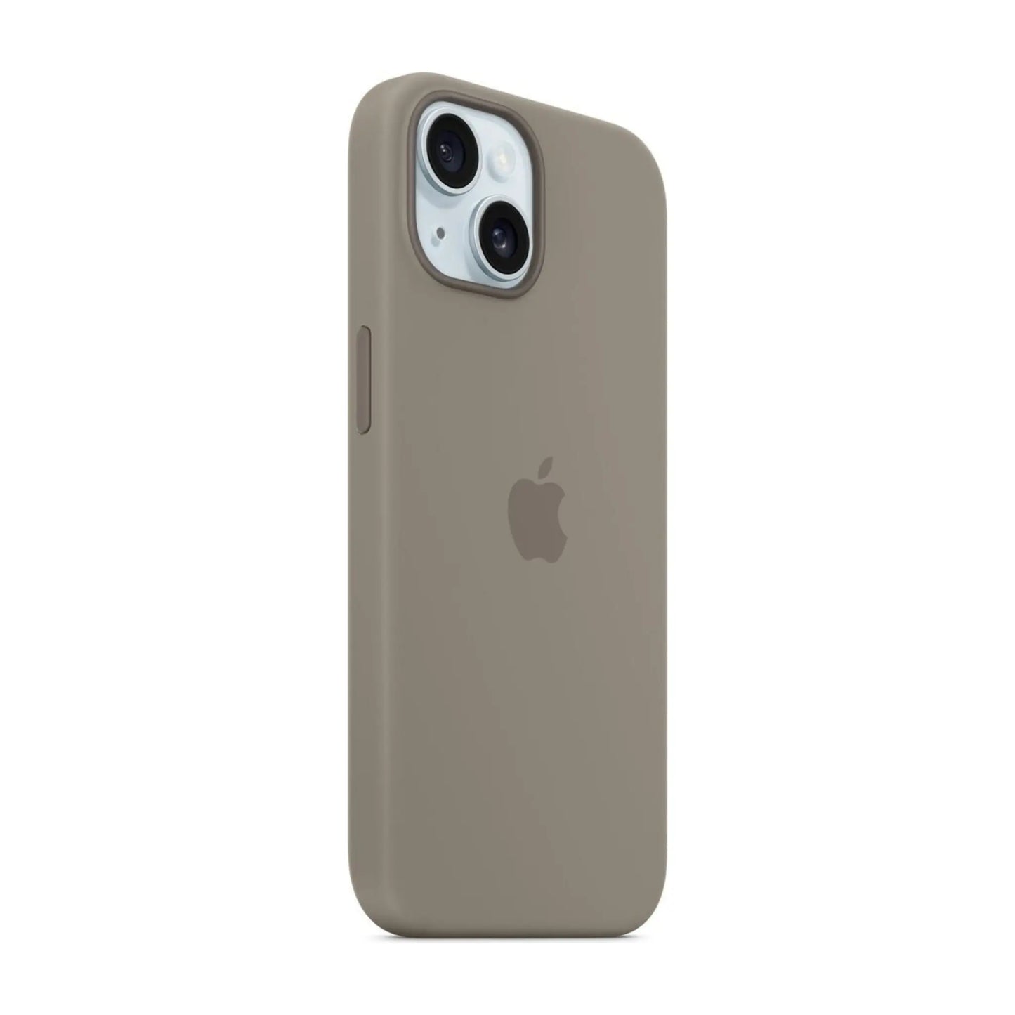 Das Bild zeigt die Apple iPhone Handyhülle MXQU3ZM/A aus Silikon. Sie ist kompatibel mit dem iPhone 15 Plus. In der Farbe Tonbraun aus der Schrägansicht.