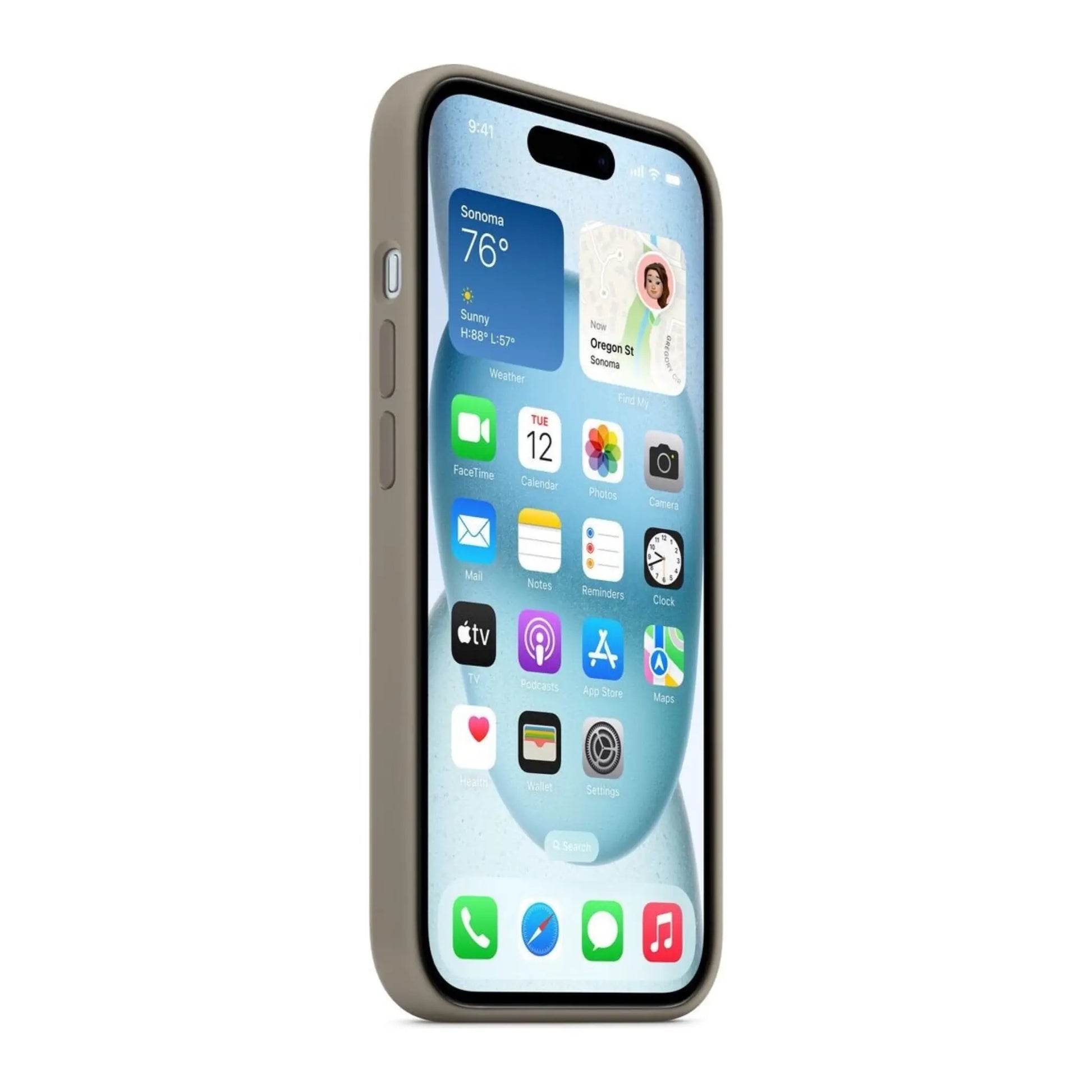 Das Bild zeigt die Apple iPhone Handyhülle MXQU3ZM/A aus Silikon. Sie ist kompatibel mit dem iPhone 15 Plus. In der Farbe Tonbraun aus der Seitenansicht.