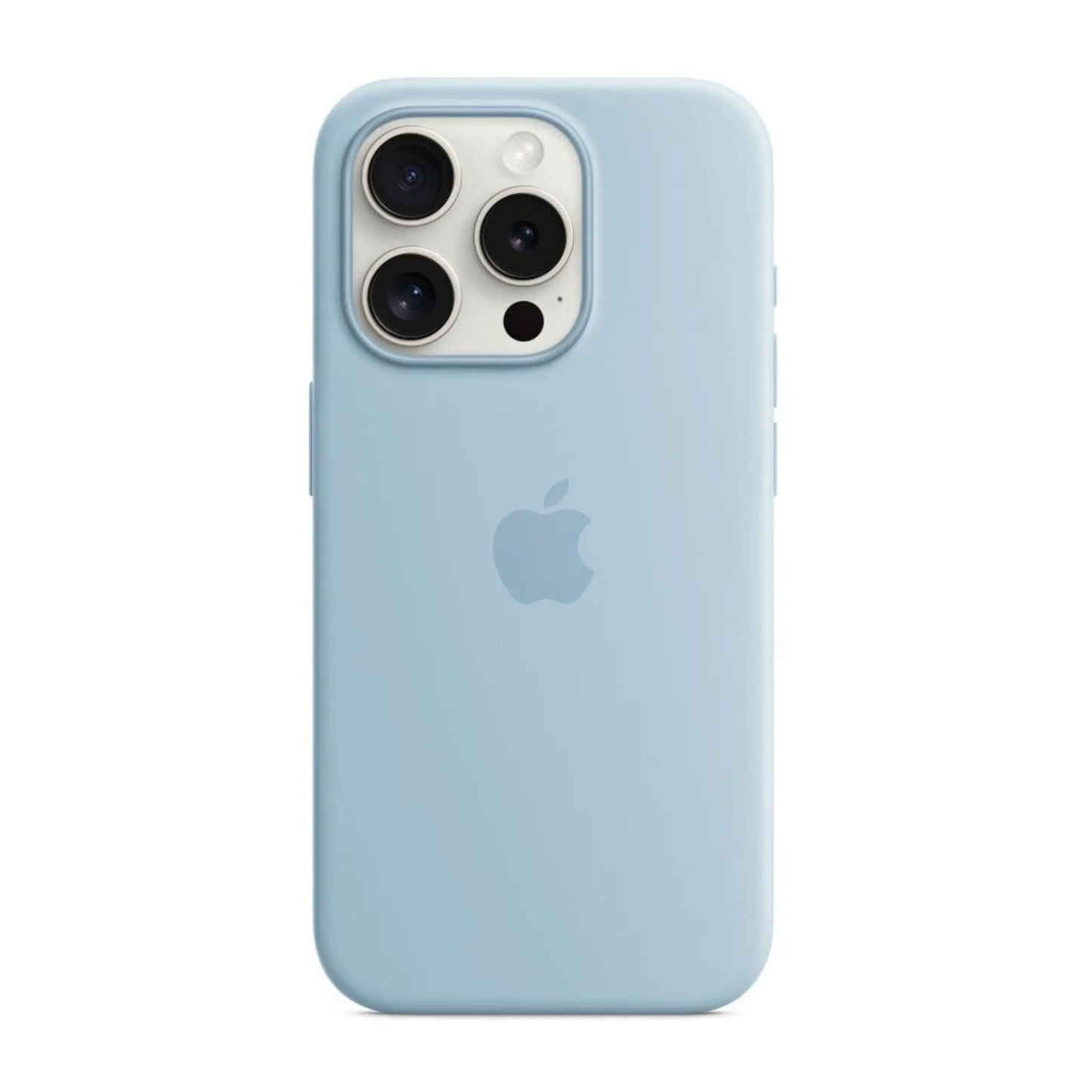 Das Bild zeigt die Apple iPhone Handyhülle MWNM3ZM/A aus Silikon. Sie ist kompatibel mit dem iPhone 15 Pro. In der Farbe Hellblau aus der Frontansicht.