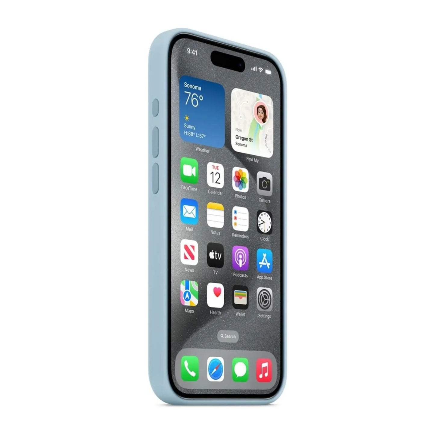 Das Bild zeigt die Apple iPhone Handyhülle MWNM3ZM/A aus Silikon. Sie ist kompatibel mit dem iPhone 15 Pro. In der Farbe Hellblau aus der Seitenansicht.
