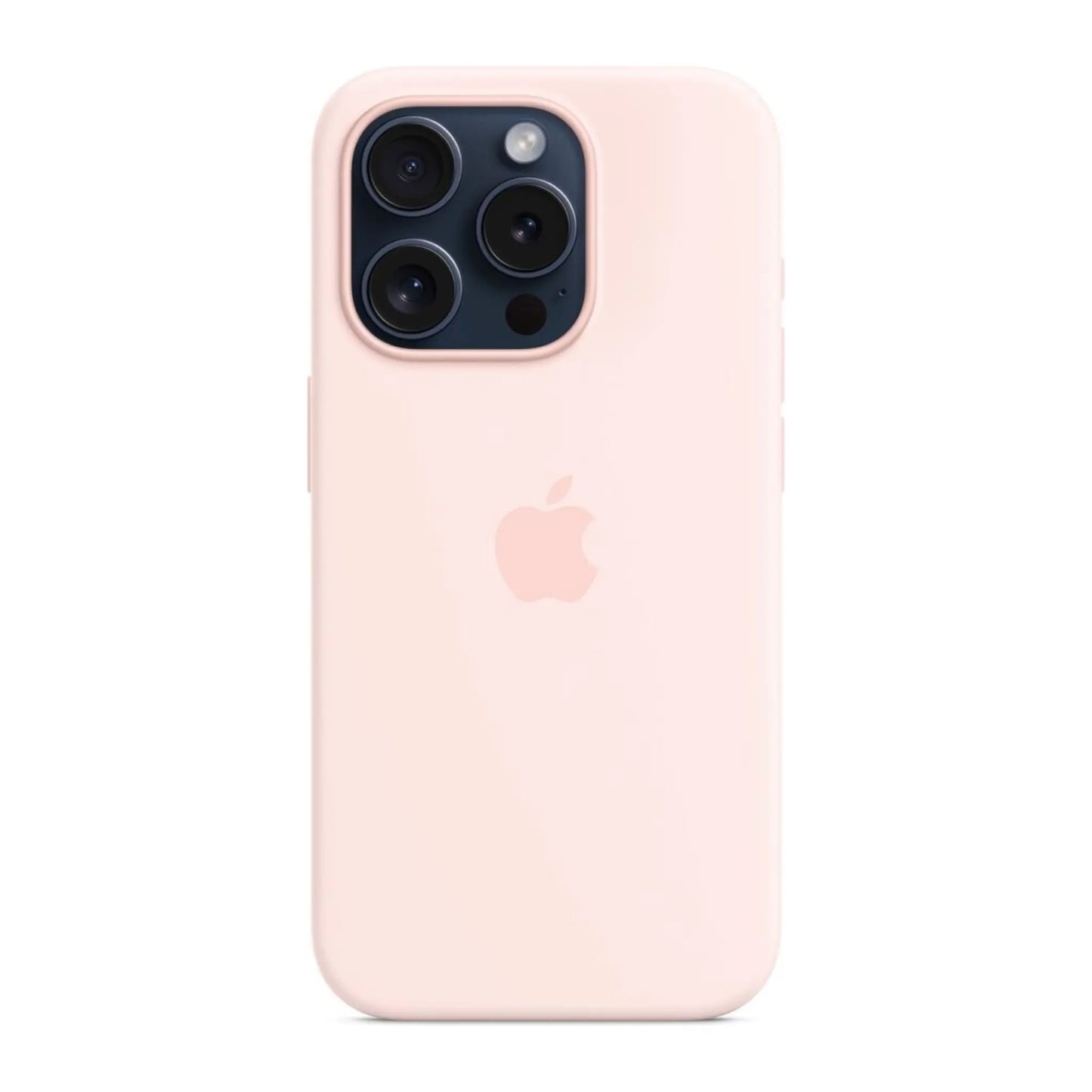 Das Bild zeigt die Apple iPhone Handyhülle MT1F3ZM/A aus Silikon. Sie ist kompatibel mit dem iPhone 15 Pro. In der Farbe Hellrosa aus der Frontansicht.